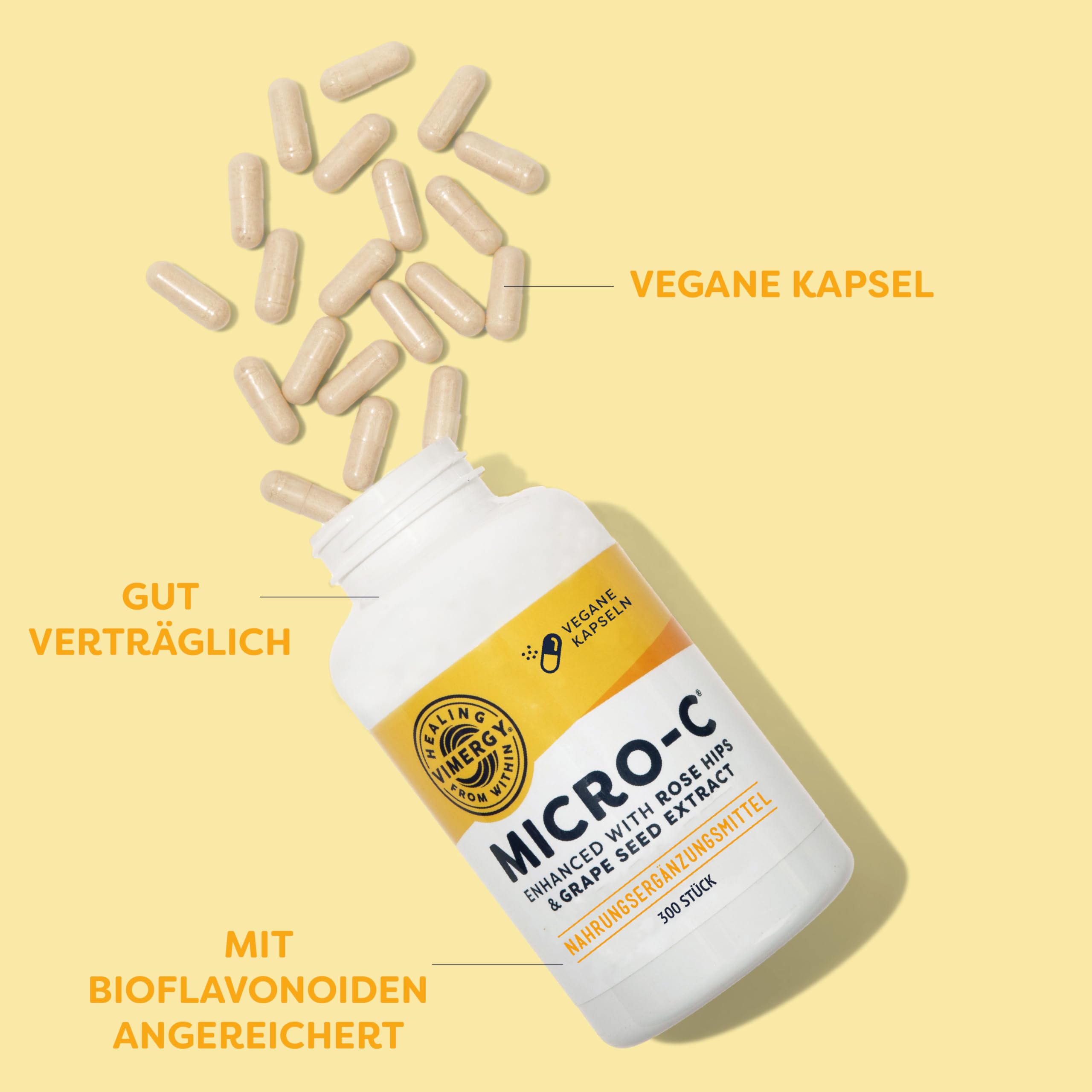 Vimergy Micro-C Vitamin C Kapseln - 300 Stück – 500 mg Vitamin C – Hagebutte – Für mehr Vitalität – Glutenfrei – Koscher – Geeignet für Veganer