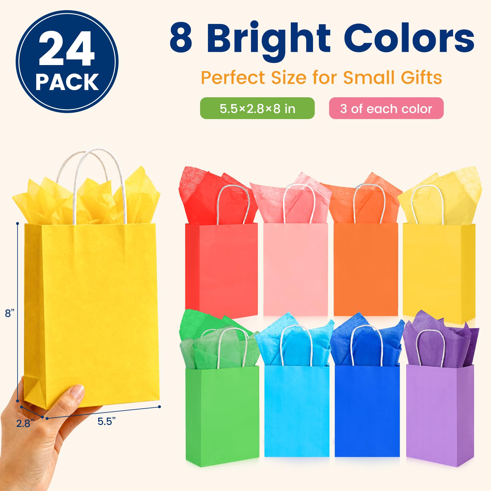 LovesTown 24 Pack Small Gift Bags with Tissue Paper, 5.5x2.75x7.8 Inch Goodie Bags with Handles 8 Colors for Birthdays Weddings Gift Wrapping Bulk Supplies