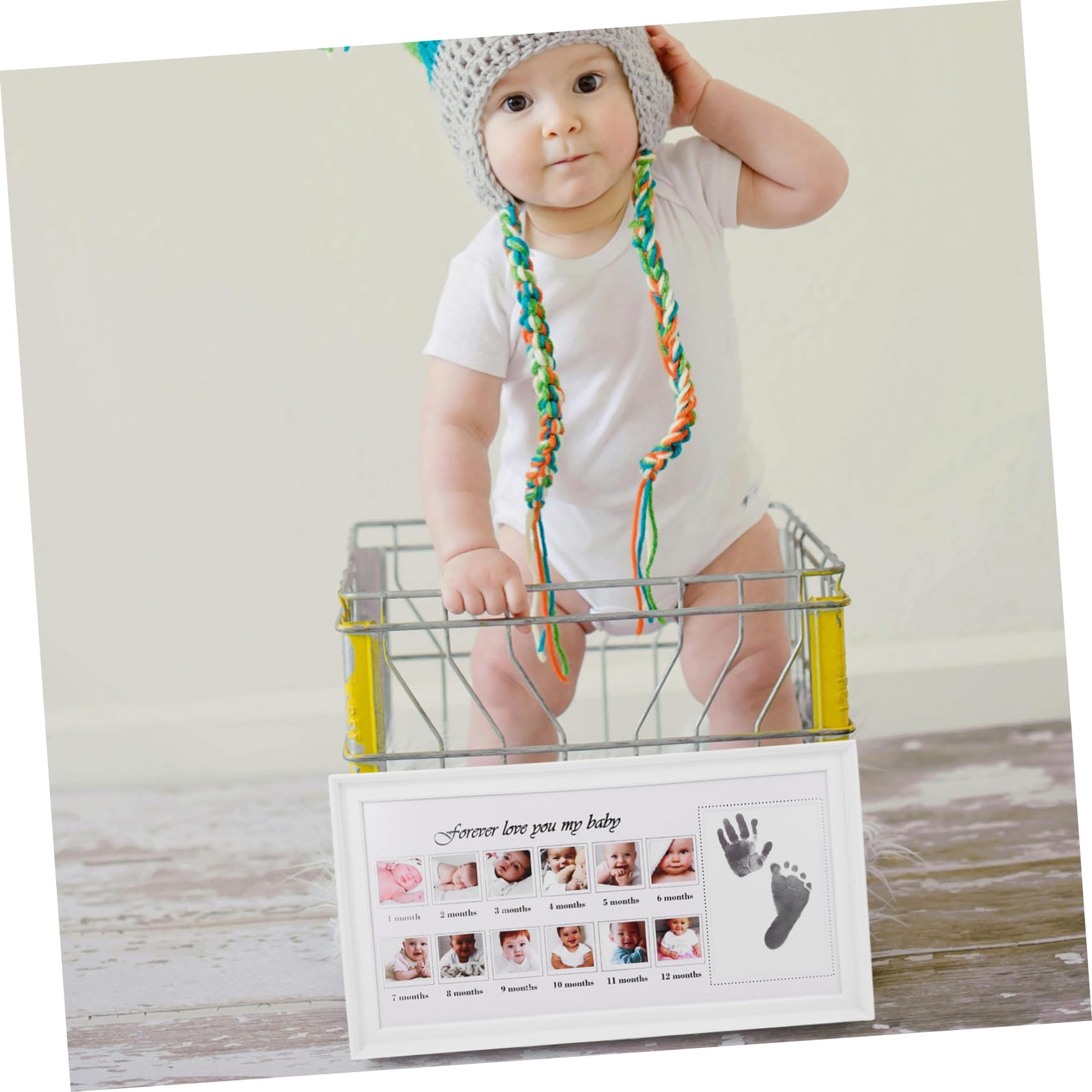 Portafoto Impronte Mani e Piedi Neonata 12 Mesi Bianco | Pp e Pvc, Esposizione da Tavolo, Regalo per Genitori di Neonati, Stile Semplice ed Elegante