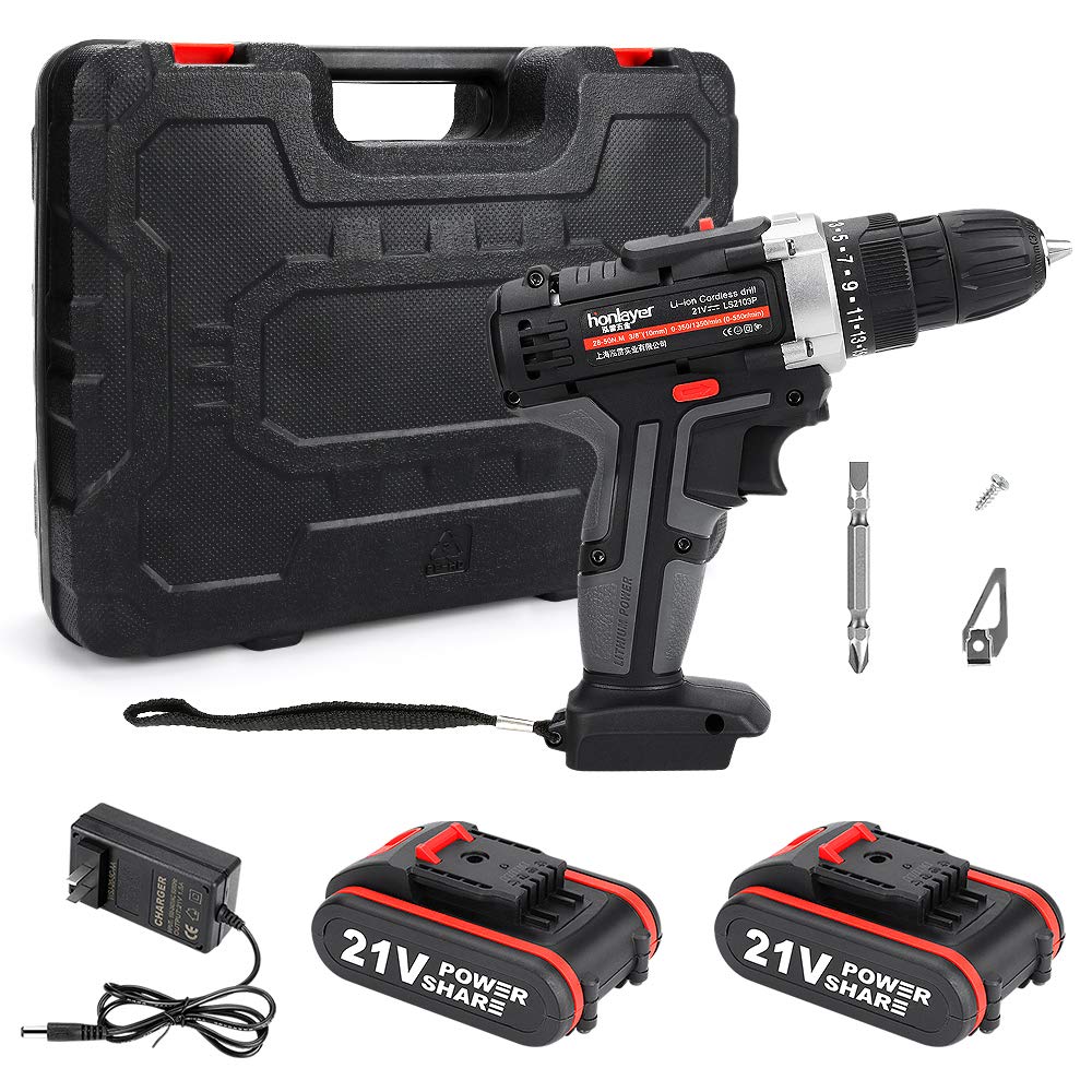 Cordless Drill of 21V, 25+1 Torque Setting Drill Driver 3/8" Keyless Chuck Electric Screwdriver 2 Variable Speed Cordless Impact Drill with 2 Battery, Built-in LED for Drill Wall Brick Wood