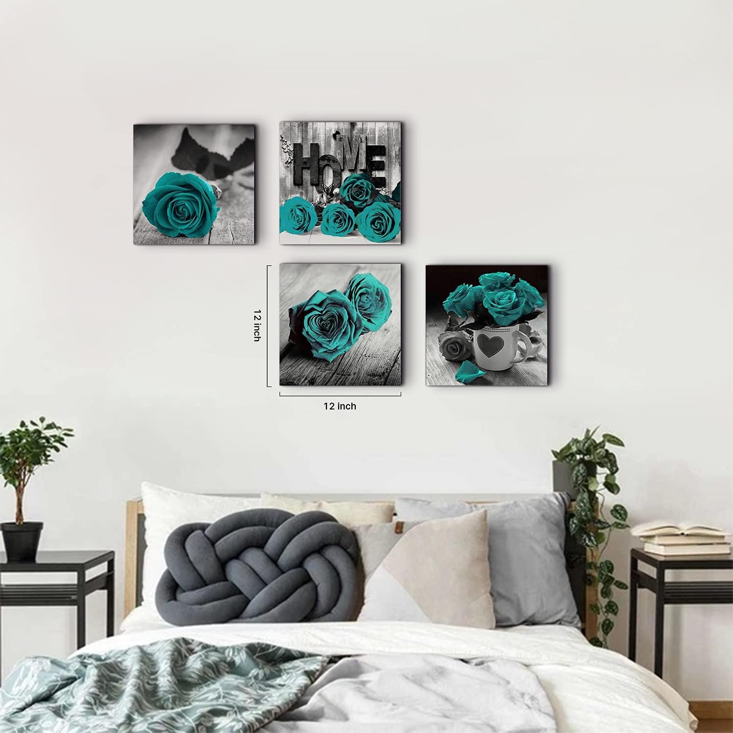 Black and Teal Rose Flower Wall Art Turquoise Bathroom Wall Decor Vintage Home Floral Posters Gray Love Bouquet Picture Canvas Prints Paintings Modern Artwork Bedroom Living Room Decorations 12x12” 4P