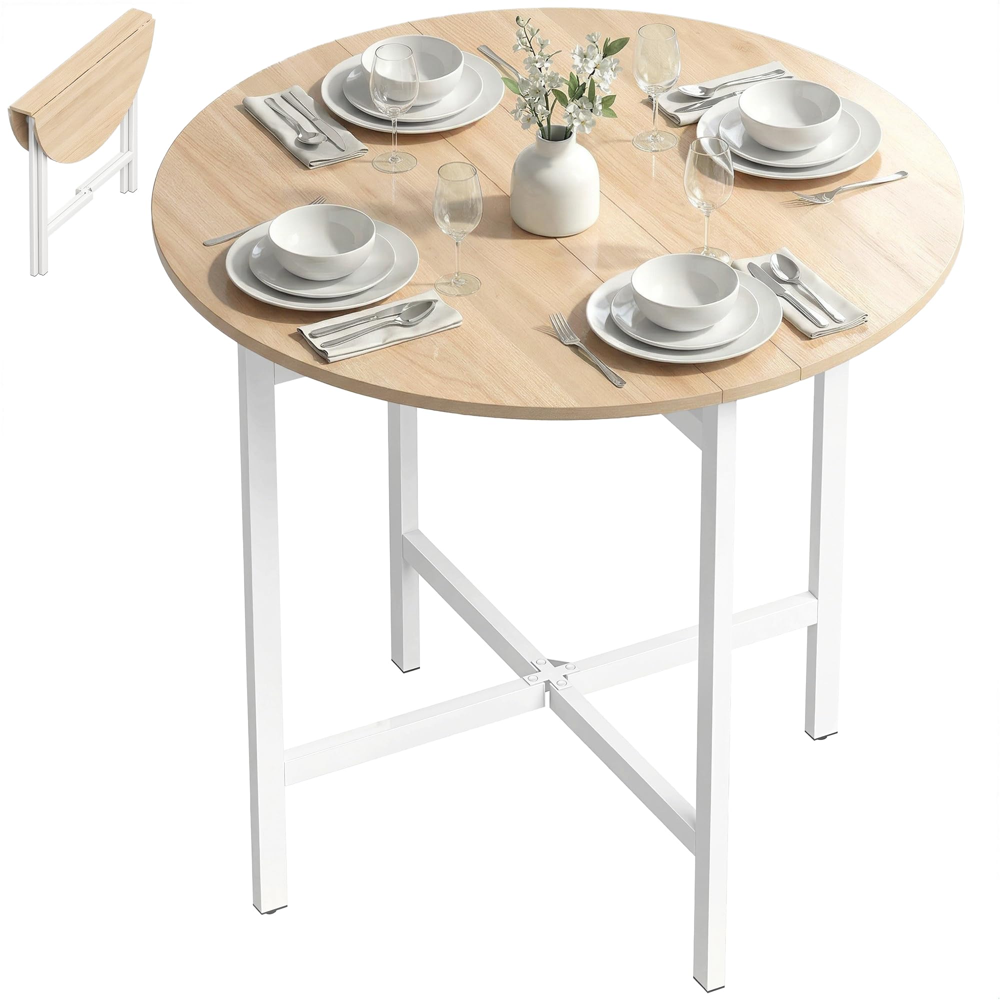 HOMCOM Esstisch Klappbarer Küchentisch für 2-4 Personen, Runder Esszimmertisch mit Stahleinen Klapptisch für Kleine Räume, Esszimmer, Küche, 80 x 80 x 76 cm, Naturholz