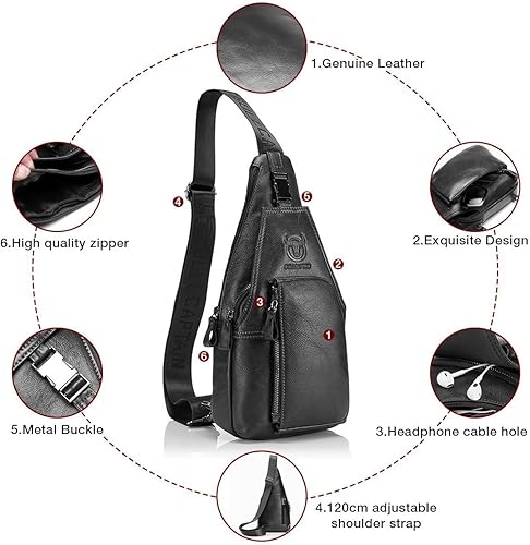 Miniatura 5 de Bolso de pecho de cuero genuino para hombre, bolso cruzado de hombro, bandolera, mochila de mensajero, mochila para negocios, casual, deporte,