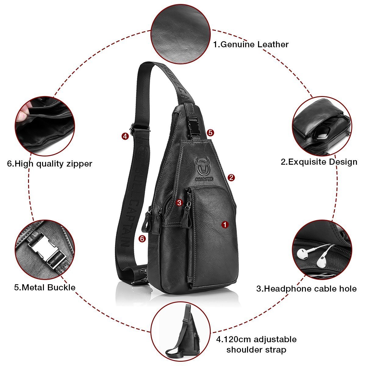Bolso de pecho de cuero genuino para hombre, bolso cruzado de hombro, bandolera, mochila de mensajero, mochila para negocios, casual, deporte, senderismo, viajes, negro, Negro - 5
