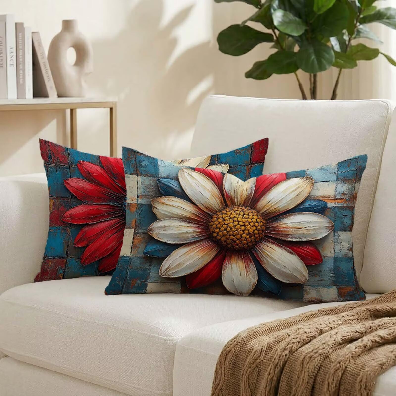 Coussin extérieur imperméable 40x80 lot de 2 rectangulaire en lin pour canapé jardin motif marguerite