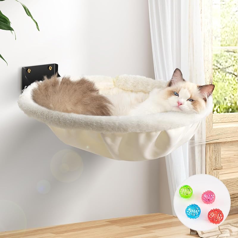 Rede para Gatos JUNSPOW de Parede Dobrável com Estrutura Metálica e Pelúcia de Coelho Falsa, Creme