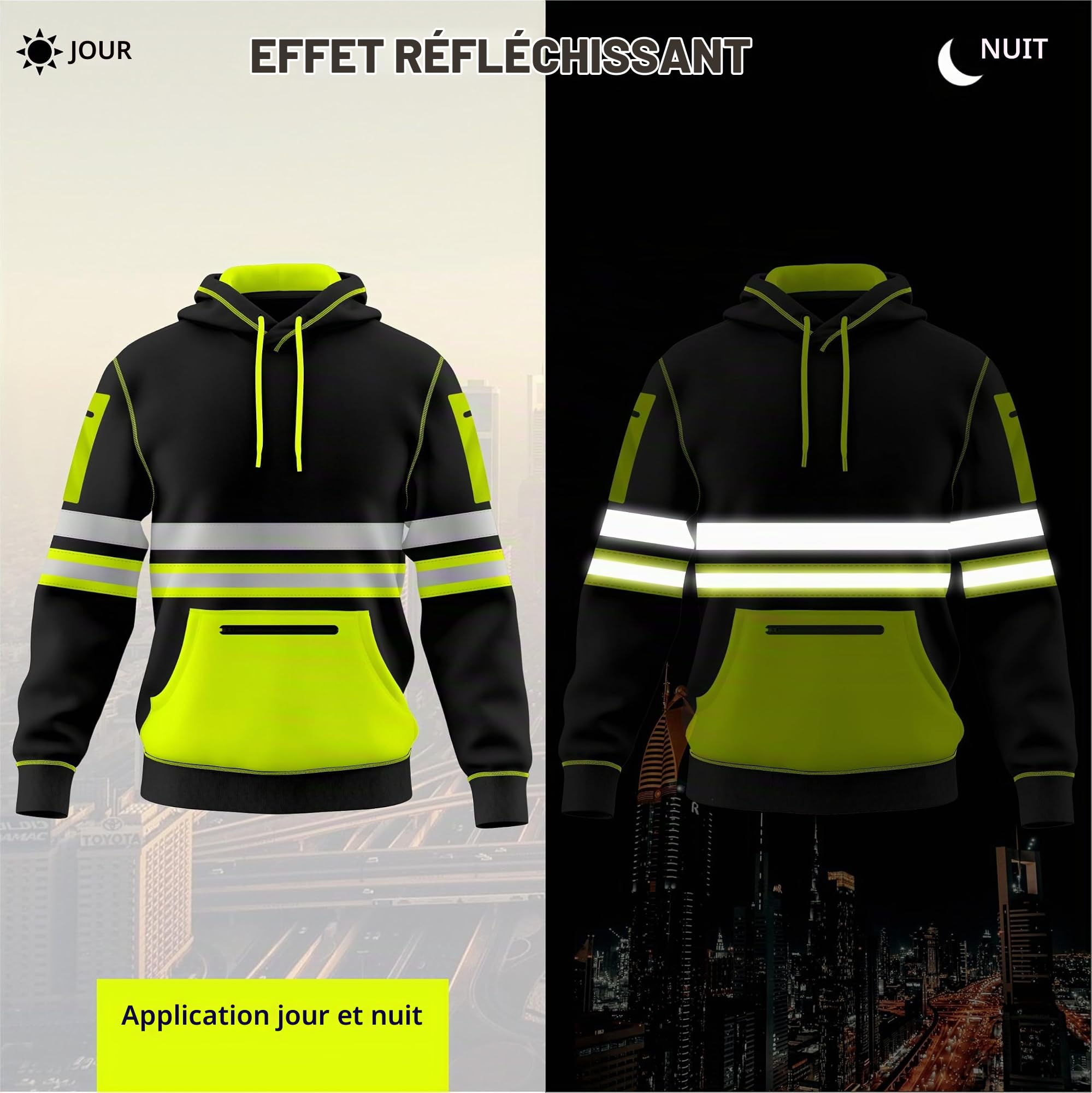 Toro Activa Mens Hi Vis Work Wear Pullover Hoodie Safety Reflective Tape High Viz Sweatshirt Hoodie High Visibility Top Multi Zipper Pockets S-2XL
