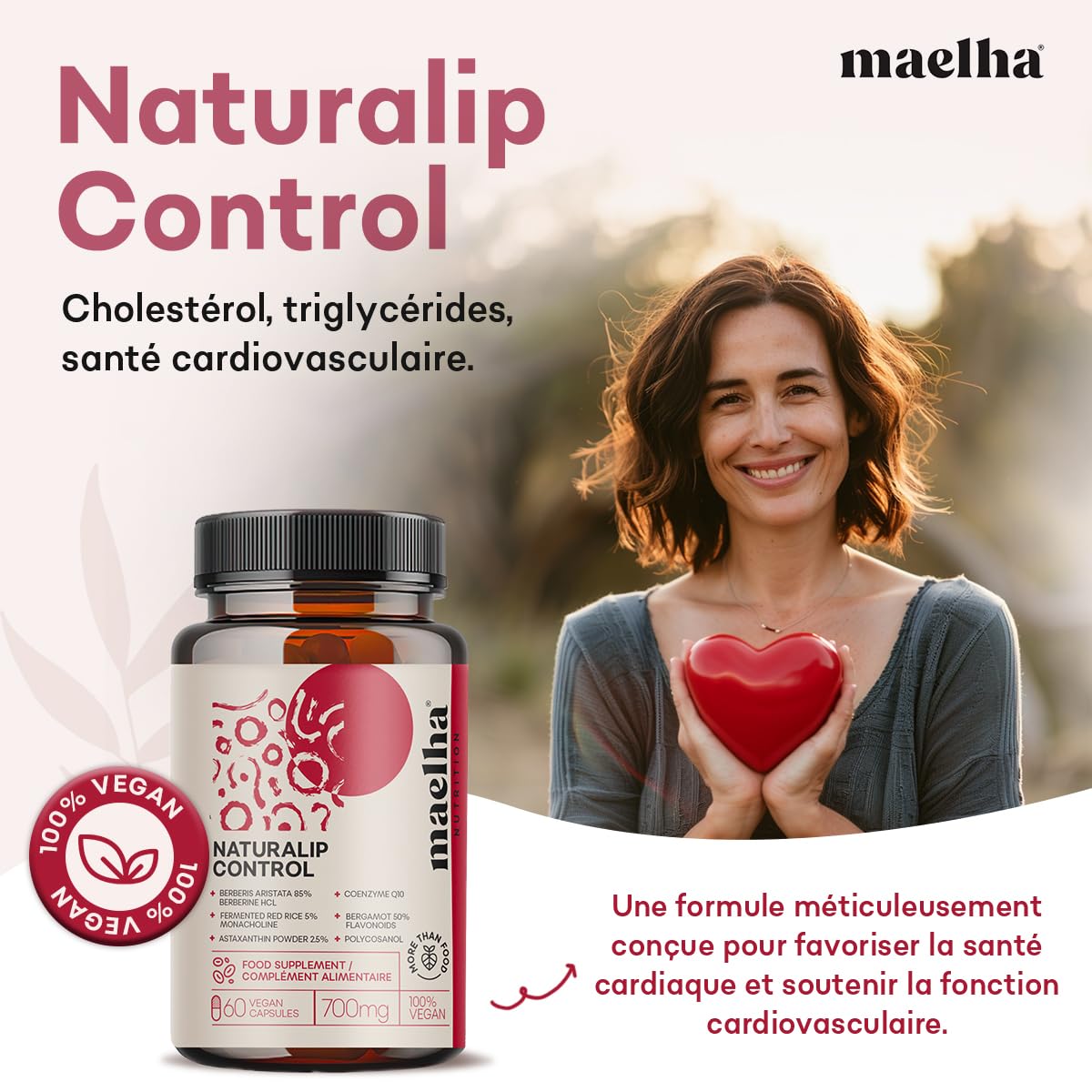 Naturalip Control | Supplément à base de riz rouge fermenté | Aide à maintenir des taux normaux de cholestérol et de triglycérides | Concentration élevée | 60 gélules | 100% végétalien