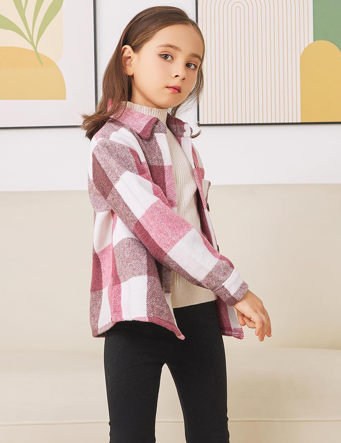 Girls Flannel Shirts Fall Jacket Cute Button Down Plaid Shirt Long Sleeve Fleece Shacket with Pocket 4-12 Years