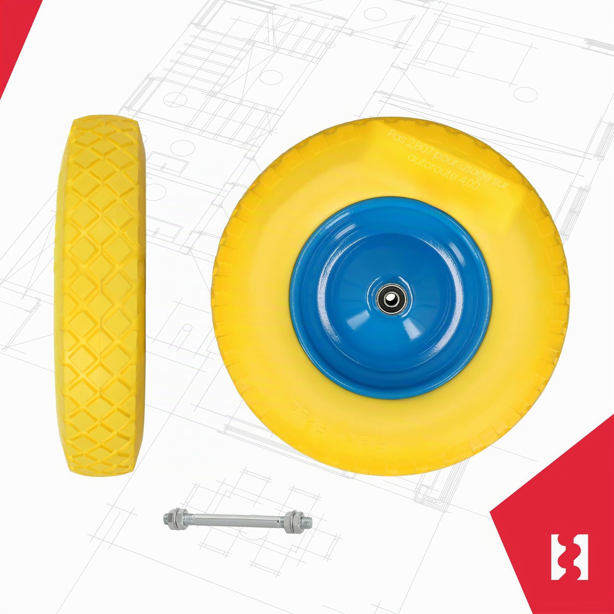 KOTARBAU® Roue de brouette 4.80/4.00-8 - Pneus en polyuréthane renforcé - Diamètre 390 mm - 200 kg - Roue complète avec axe