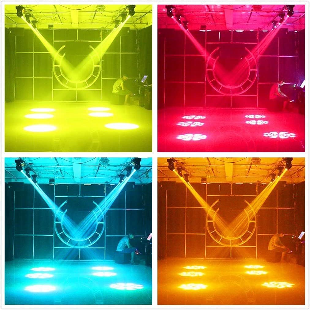 Multiple JCYWFLODY moving head lights creating dynamic stage lighting effects in yellow, red, blue, and orange.