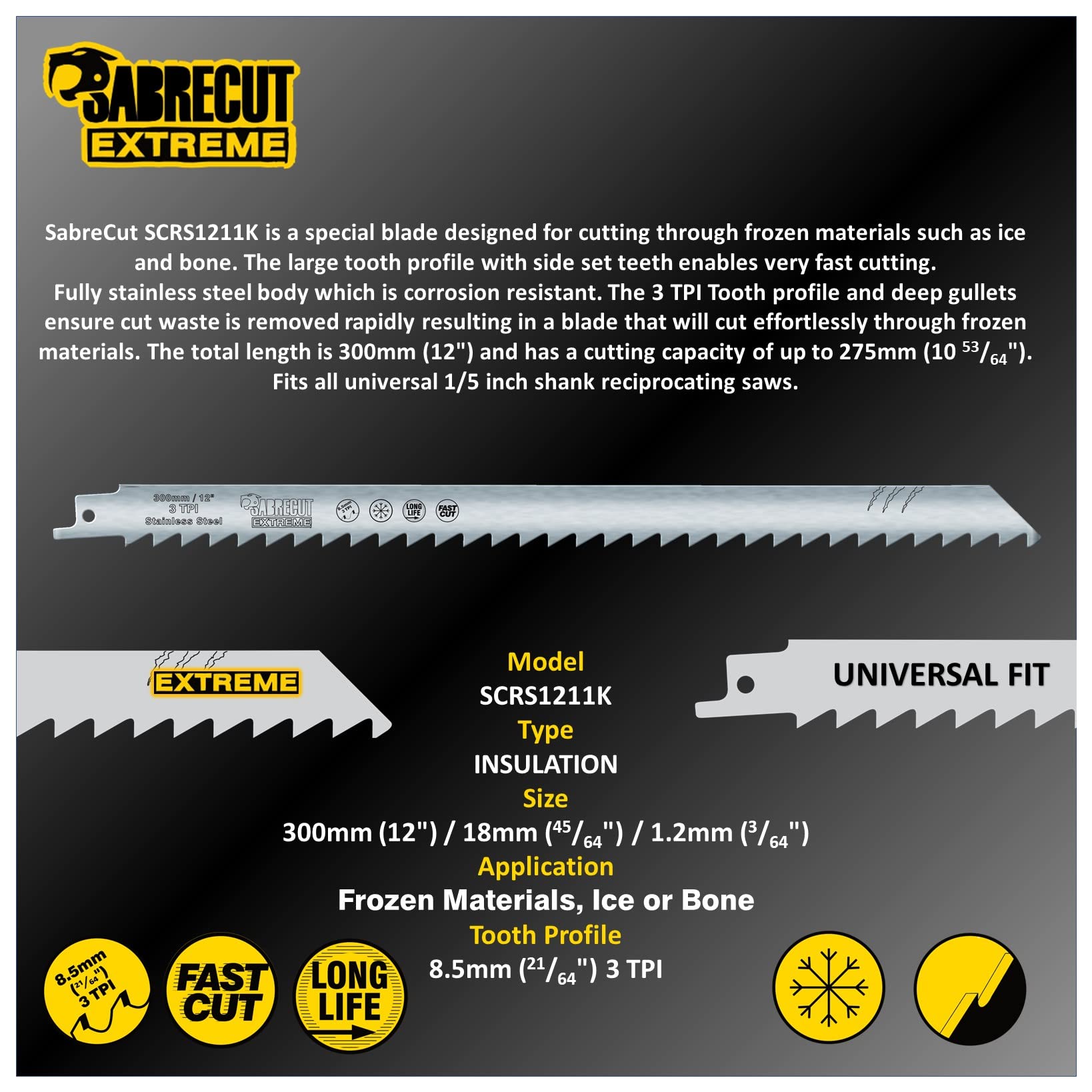 5 x SabreCut SCRS1211K 300 mm 3 TPI S1211K Materiales congelados rápidos, hojas de sierra de sable para corte de hueso y hielo Compatible con Bosch Dewalt Makita y muchos otros
