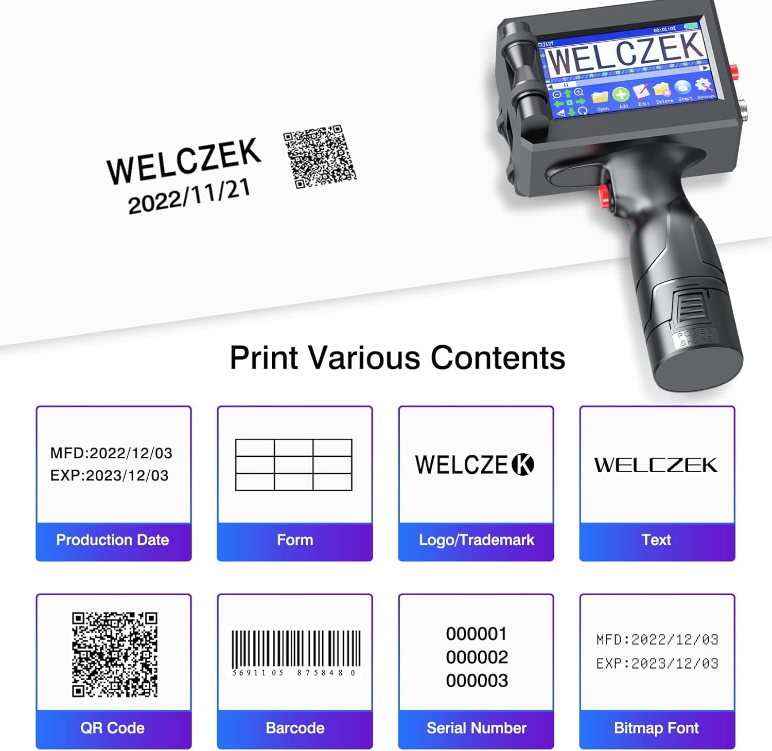 Ręczna Drukarka Atramentowa, Przenośny Koder do Kodów QR, Kreskowych, Dat, Logo i Numerów Partii. Ekran Dotykowy 4,3", Działanie Bez Komputera. Idealna na Metal, Plastik, Drewno, Karton i Tkaniny