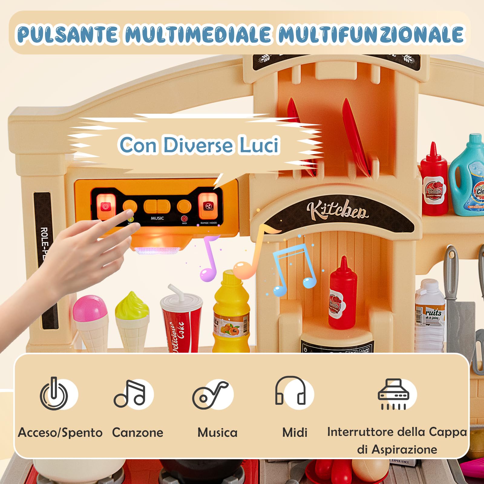 RELAX4LIFE Cucina Giocattolo per Bambini con 42 Accessori, Gioco di Cucina con Effetti Sonori e Luminosi, Funzioni vapore e Ebollizione, Gioco Cucina Realistica per Bambini 2 3 4 5 6 Anni (Blu)