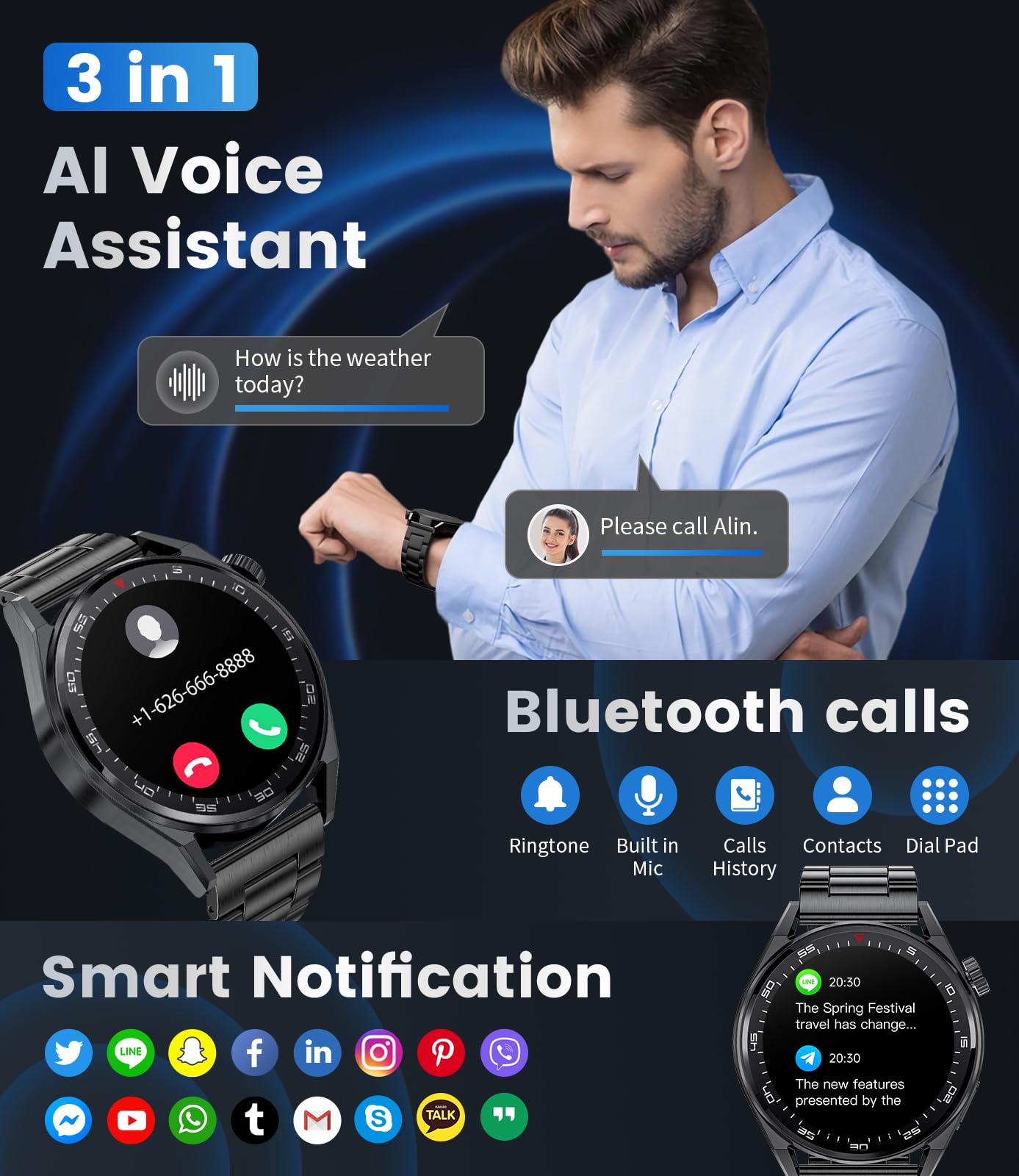 Smartwatch Herren Mit Edelstahl-Armband - Fitness Tracker, Bluetooth Anrufe, IOS Android