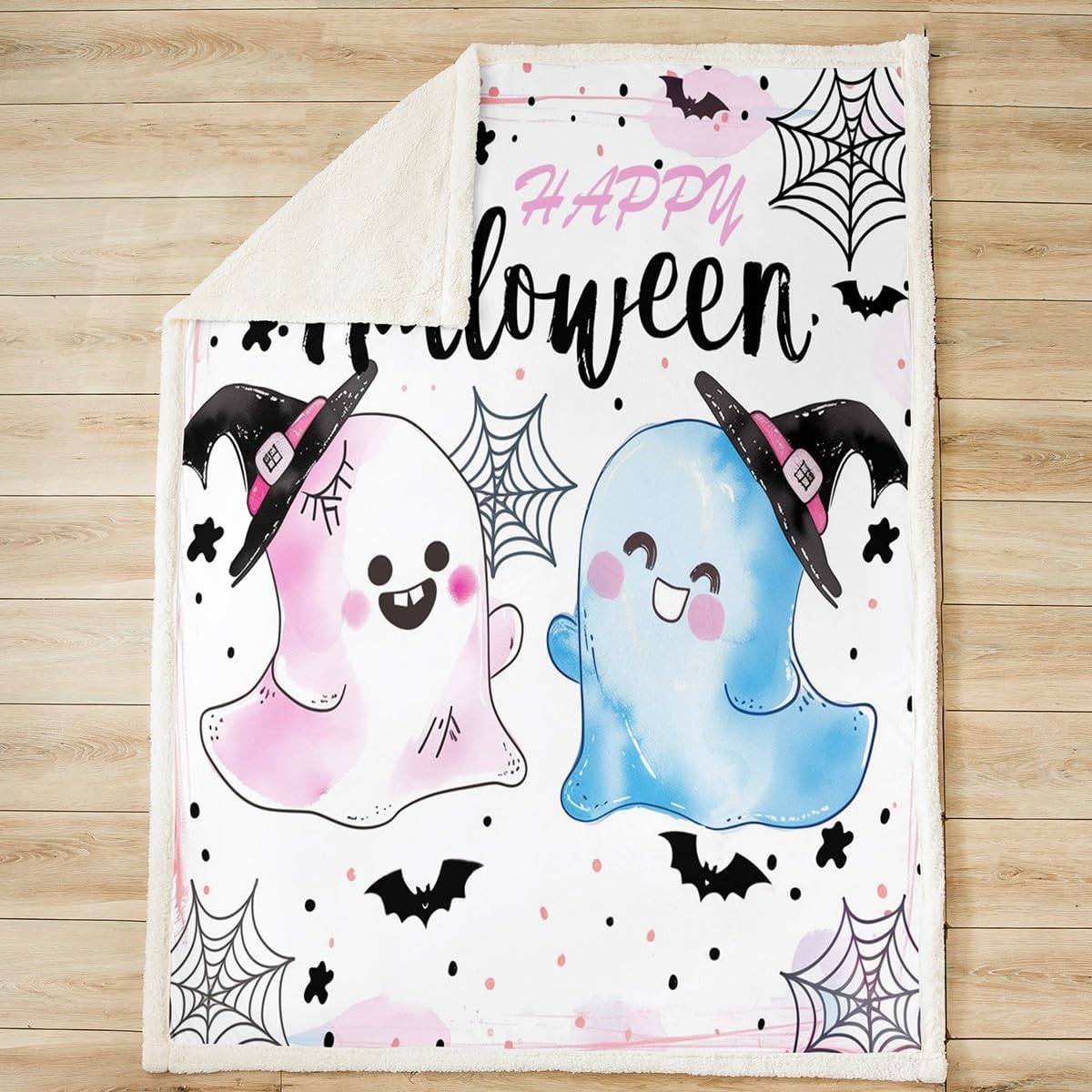 Happy Halloween Flannel Blanket,Pink and Blue Cute Ghost Sketch Fuzzy Blanket for Children Present,Bat Spider Web Print Cartoon Graffiti Polyester Throw Blanket for Couch, Twin Size (60 x 80 Inch)
