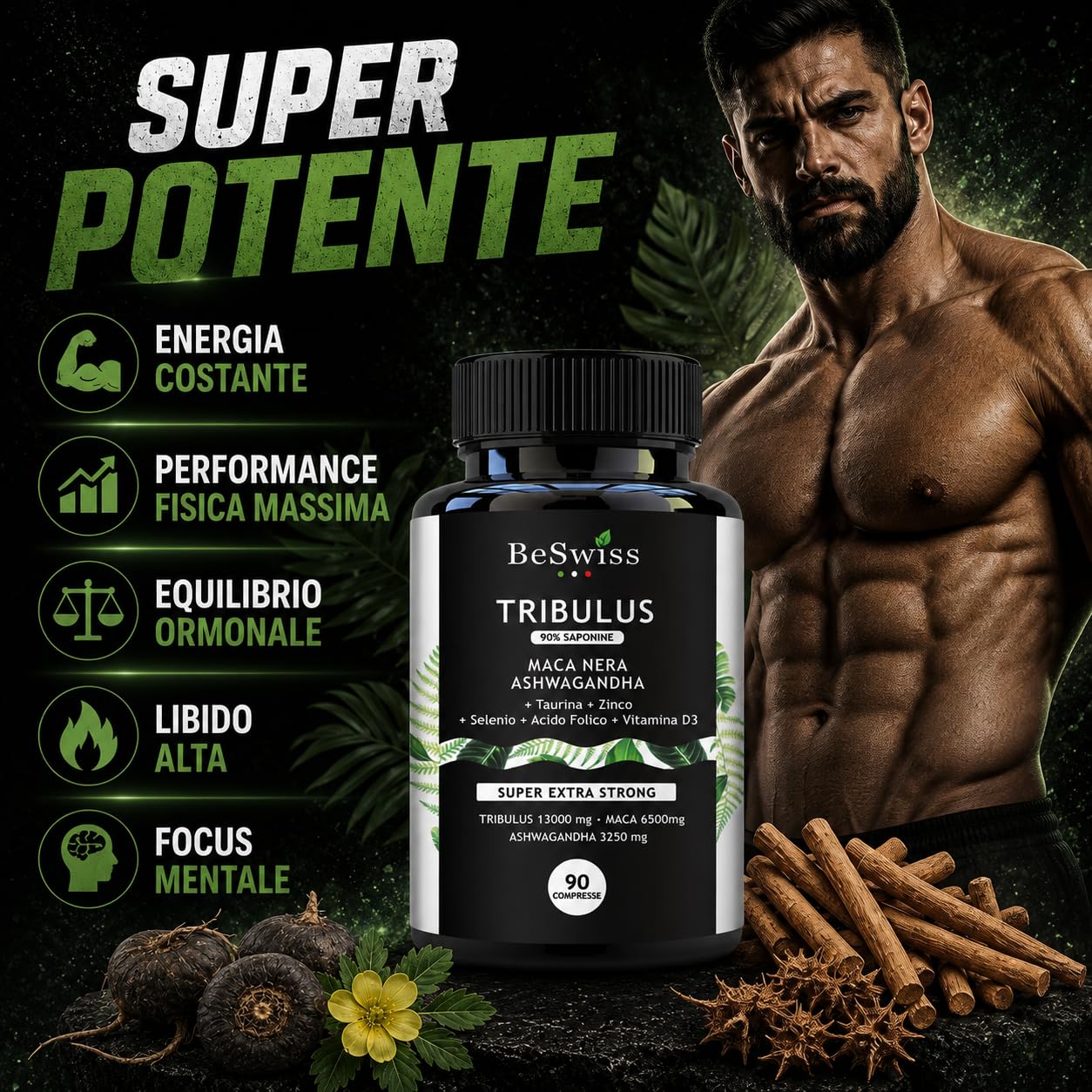 Tribulus, Maca e Ashwagandha - Alto Dosaggio | 120 Capsule con Zinco, Selenio e Vitamina D3