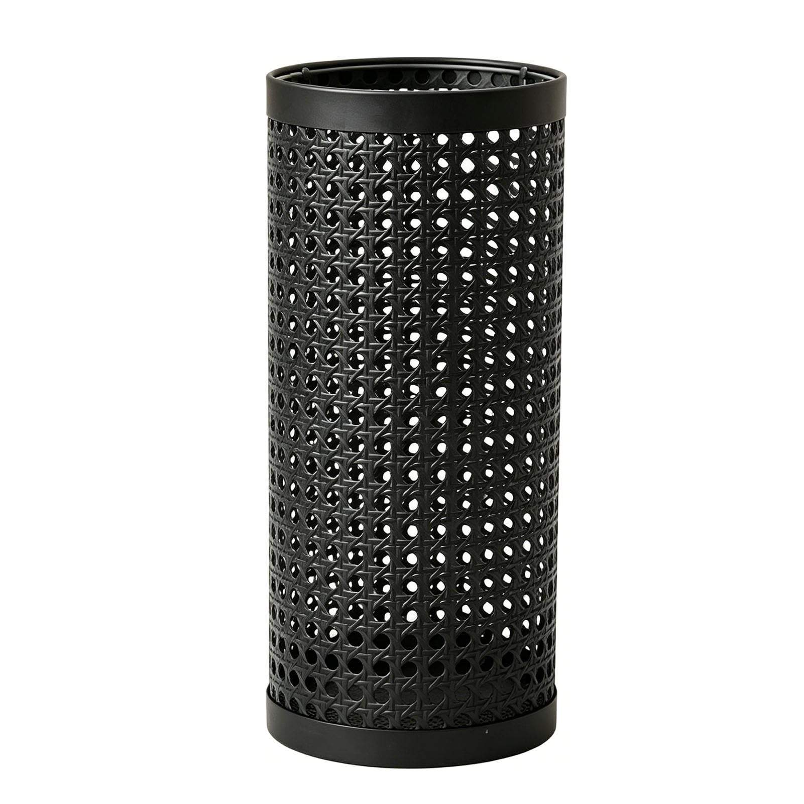 Hamankim Cylindrical Metal Umbrella Holder for Entryway, Hollow Imitation Rattan Umbrella Stand, Boho Freestanding Umbrellas Storage Rack for Apartment Hallway Home Hotel(Black)