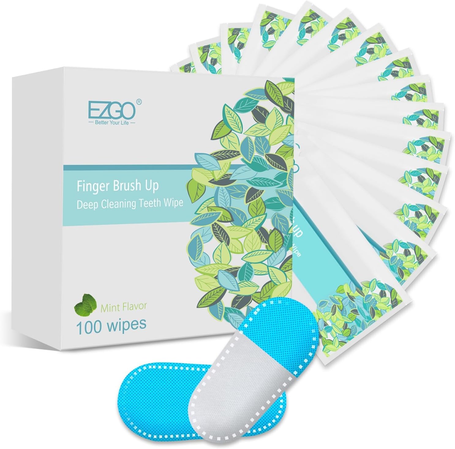 - EZGO 100pcs Deep Cleaning Teeth Wipes Finger Brush Teeth Wipes Oral Brush Ups Latex Free Mint Flavor