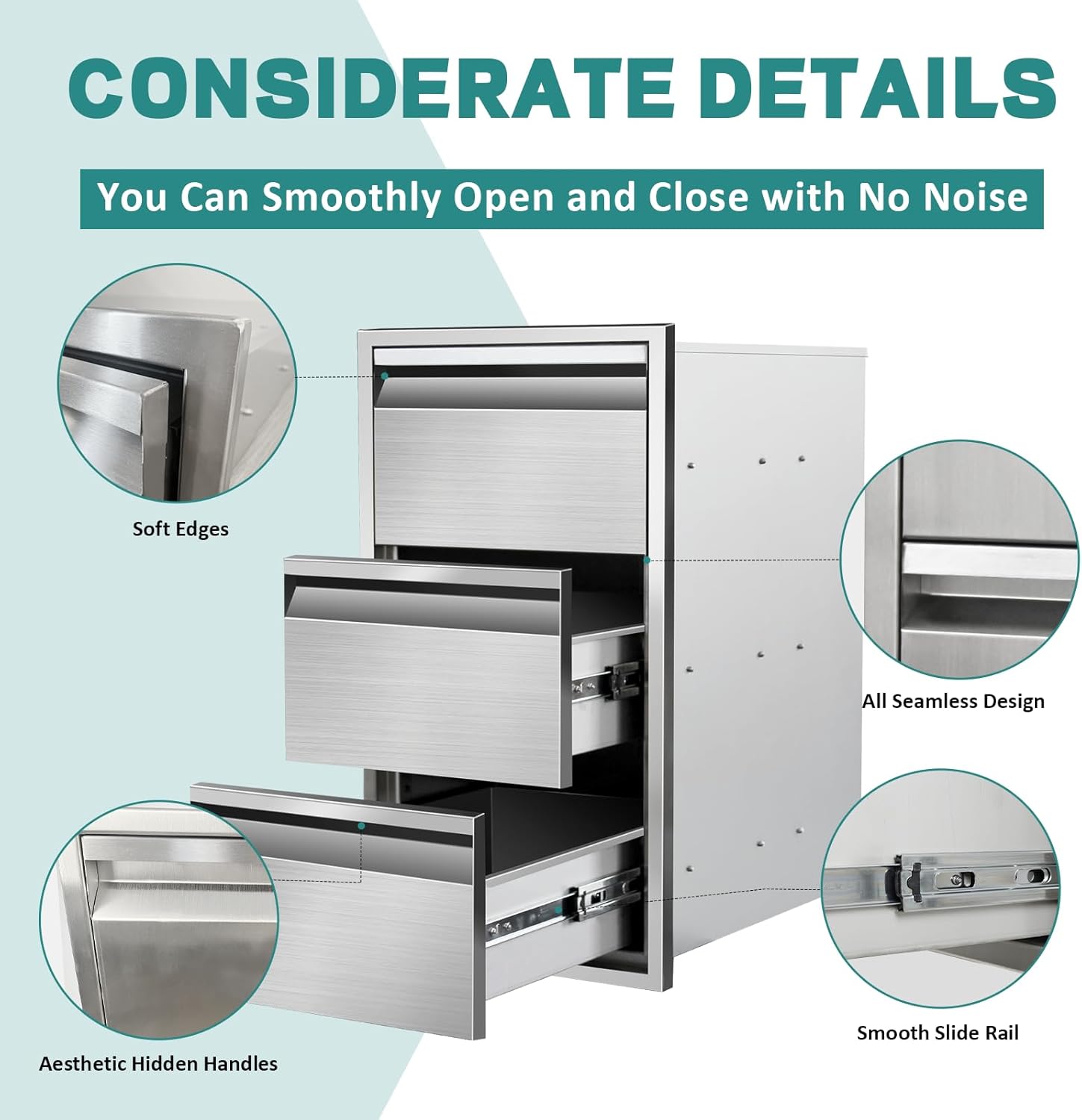 Outdoor Kitchen Drawers 14" W x 25.4"H x 21"D Stainless Steel Drawer BBQ Triple Drawers with Hidden Handle for Outdoor Kitchen Island, Patio Grill Station