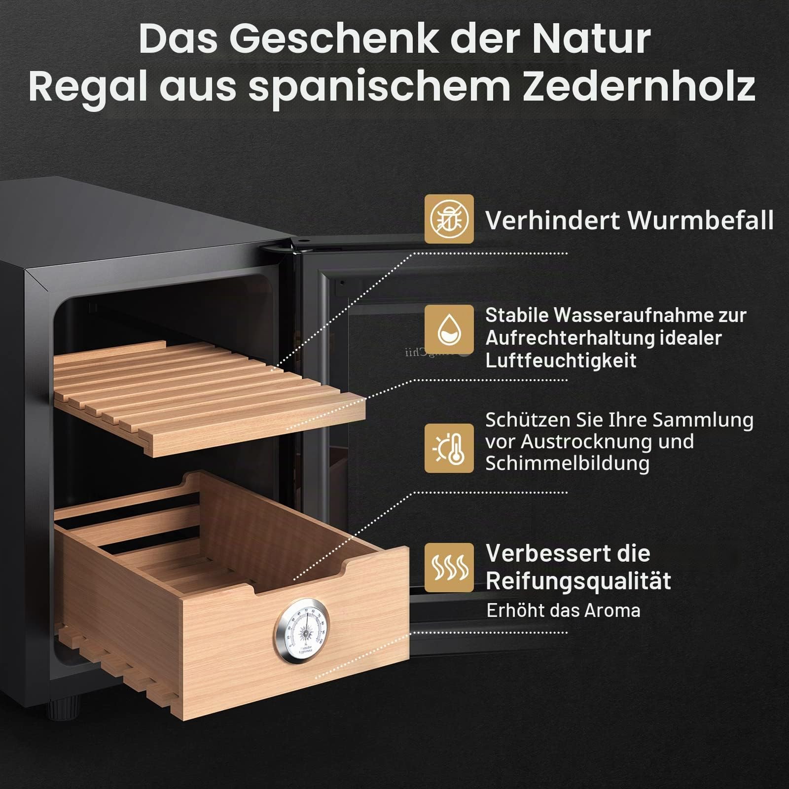 KingChii 16L Elektrischer Zigarren-Humidor, Kühlkontrollsystem, Elektronischer Kühler-Humidor-Schrank mit Regalen aus Spanischer Zeder und Hygrometer (2 Schichten, 100 Kapazität)