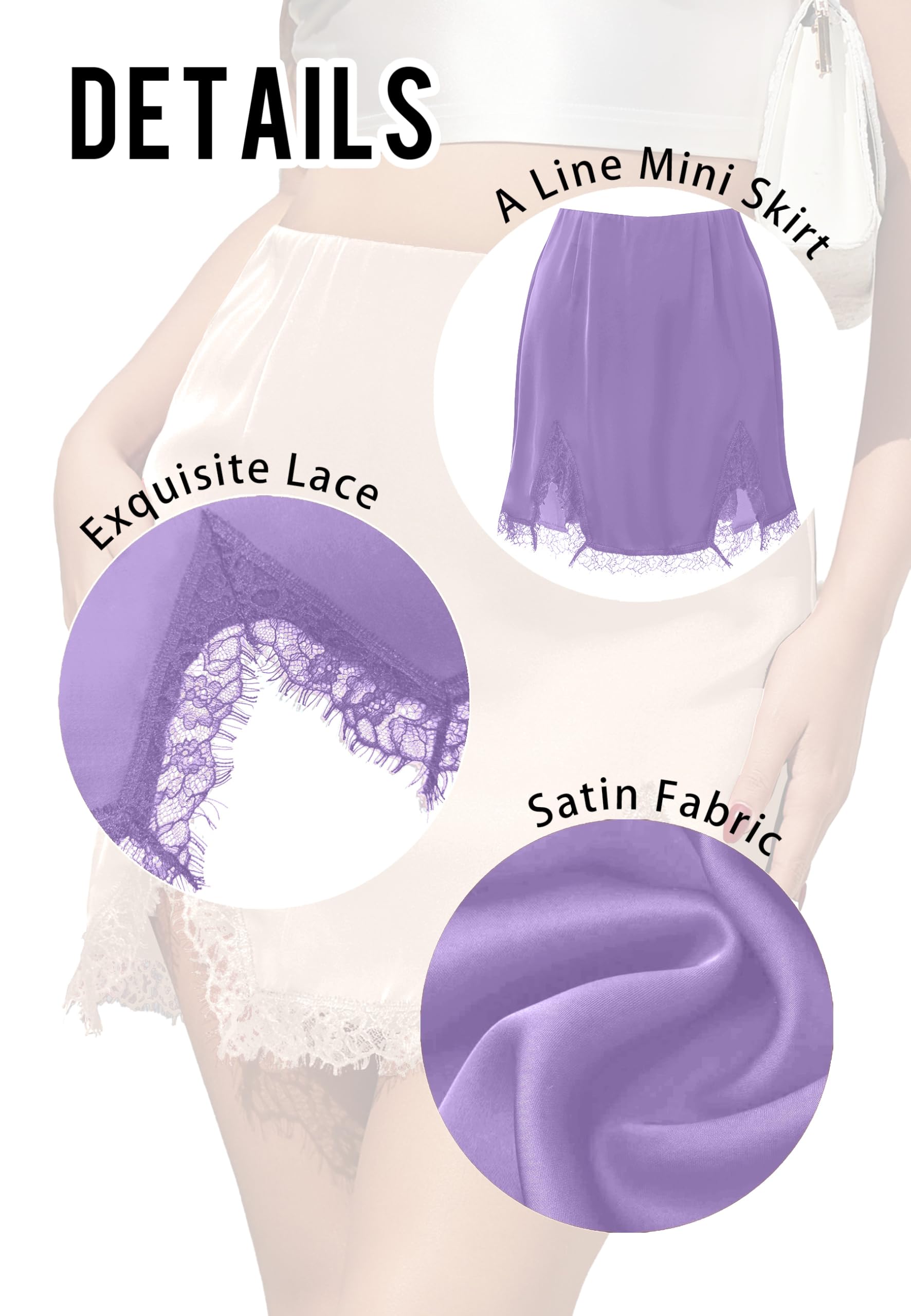 ALCEA ROSEA Women's Satin Mini Lace Trim Split Skirt Split Hem High Waist A-Line Short Bodycon Skirt 7806: Light Purple X-Small