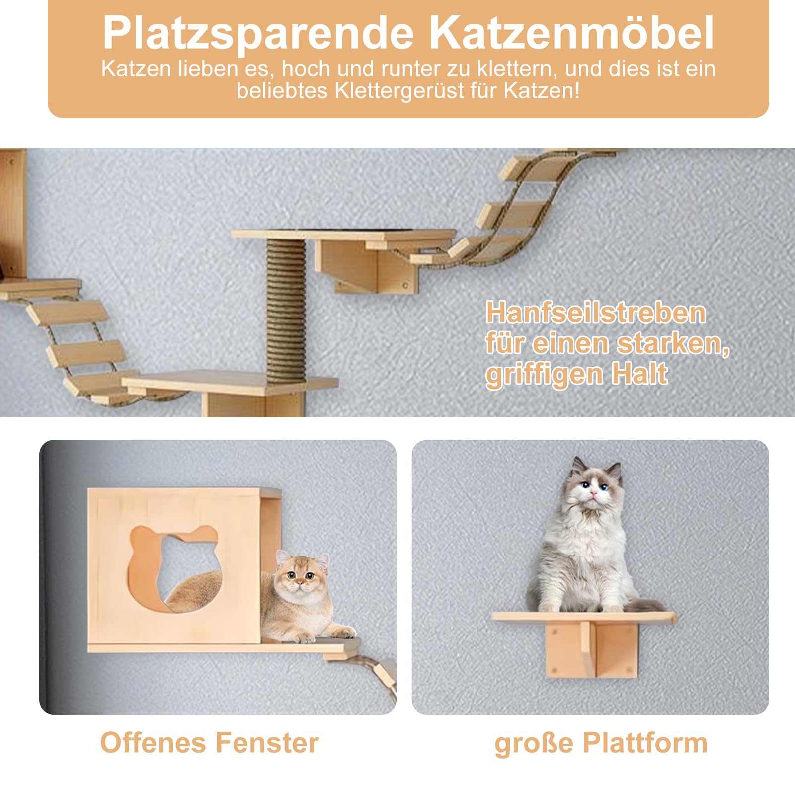 Kletterwand Katzen Set aus Kiefernholz Katzenwandmöbel Wandregale