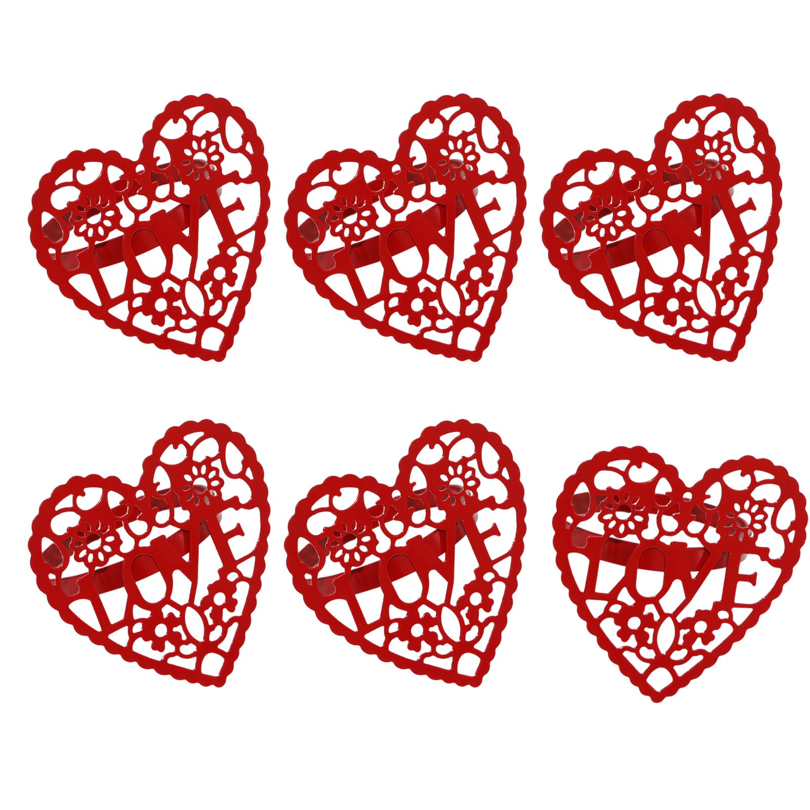 Qisuw Of 6 Artistic Hollow Heart Napkin Holders with Fine Cutouts for Elegant Dining Table Enhancement Red Hollow Napkin Clasps