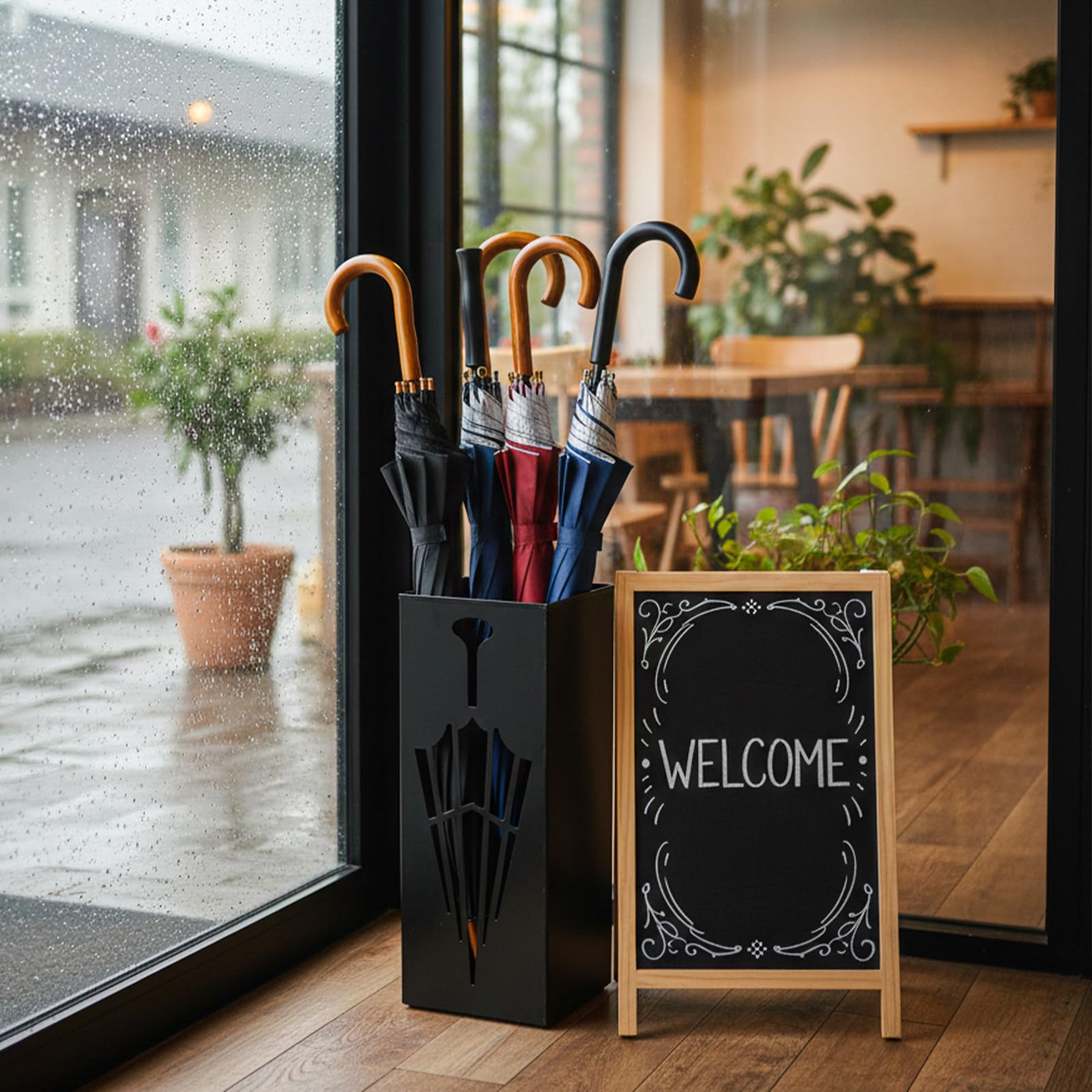 Portaombrelli quadrato in metallo, portaombrelli per ingresso, bastoncini da passeggio per bastoni da passeggio, cestino autoportante per casa, ufficio, hotel, negozio, 16,5 x 16,5 x 41,9 cm