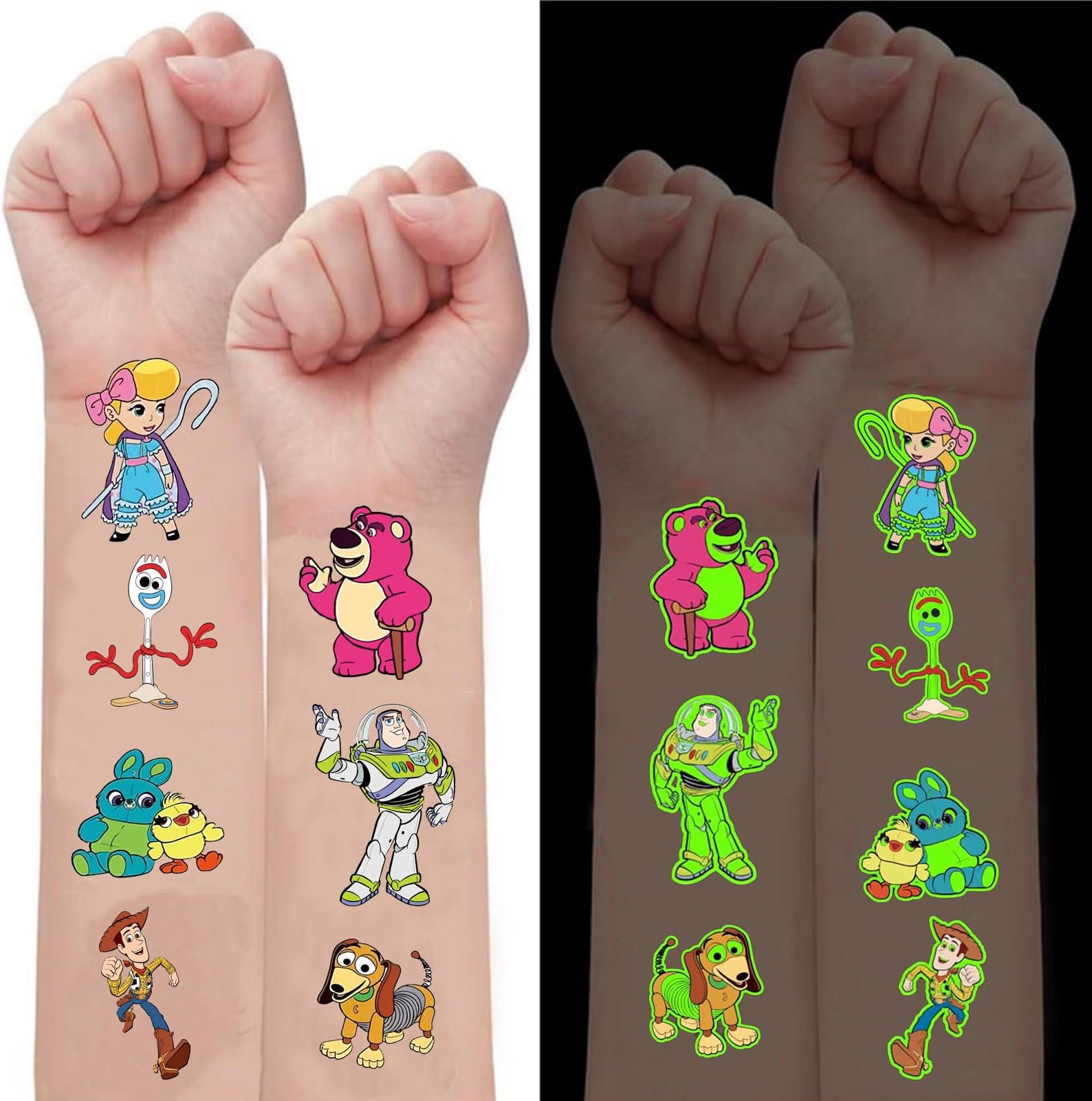 Kids Birthday Party Supplies, 40Pcs Temporary Tattoos Party Favors, Glow In The Dark Removable Skin Safe, Fake Tattoo Stickers for Goodies Bag Treat Gift Bag Stuff (Toy inspired)