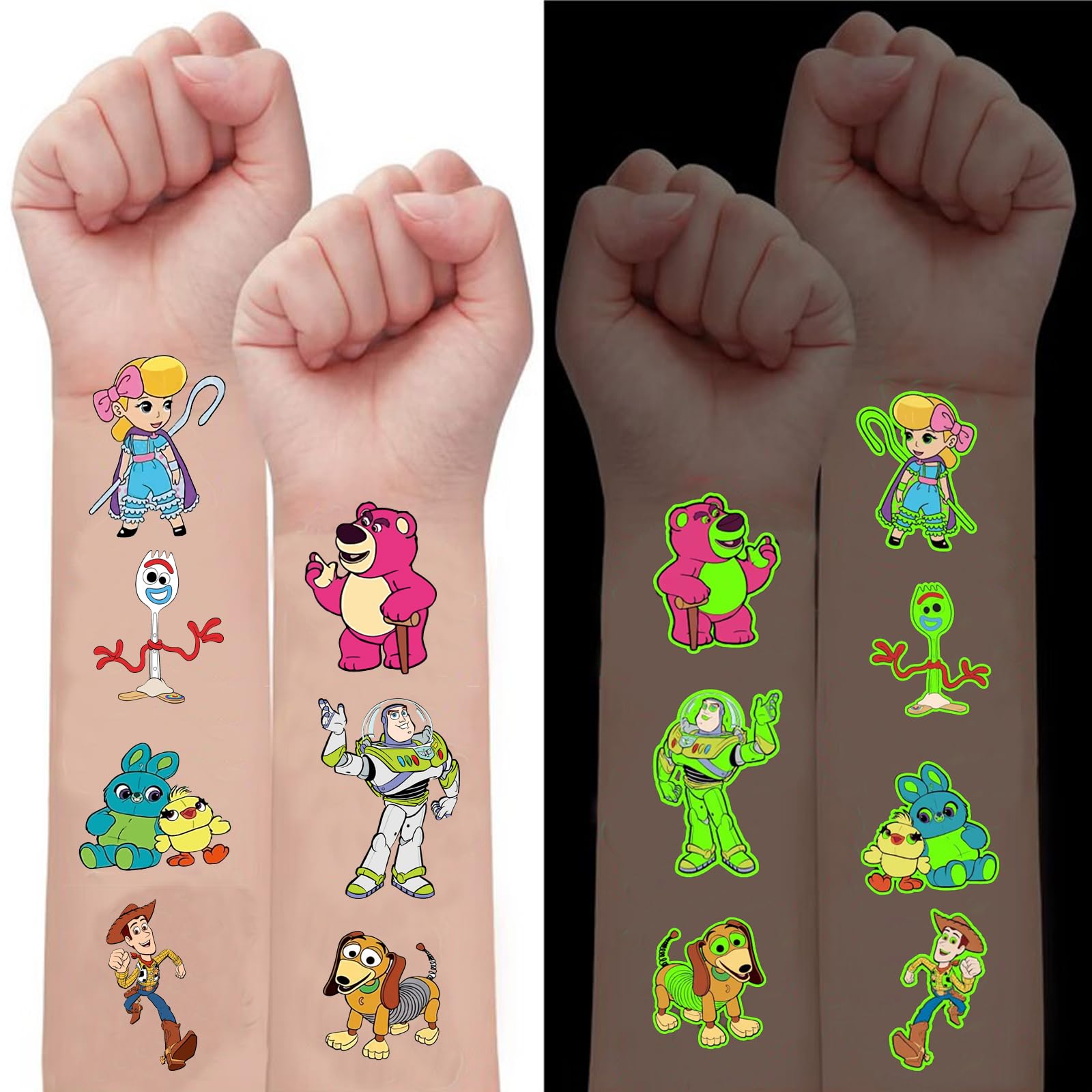 Kids Birthday Party Supplies, 40Pcs Temporary Tattoos Party Favors, Glow In The Dark Removable Skin Safe, Fake Tattoo Stickers for Goodies Bag Treat Gift Bag Stuff (Toy inspired)
