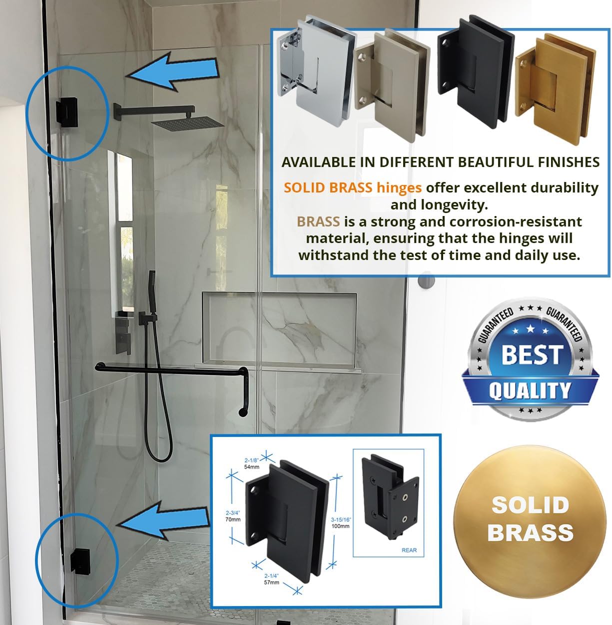 SHS Heavy Duty Wall-to-Glass Frameless Shower Door Short Back Plate Hinge for 3/8''-1/2'' Glass, Matt Black, Solid Brass, 3 Year Warranty