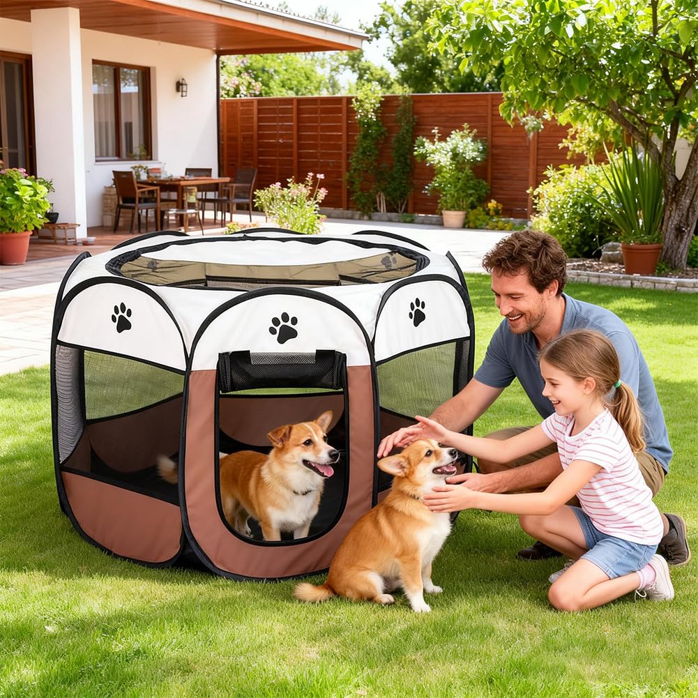 Parc pour chiots et animaux - Pliable - 74 x 74 x 43 cm - Parc portable pour chiens, chats, chiots, à l'intérieur et à l'extérieur - Marron café