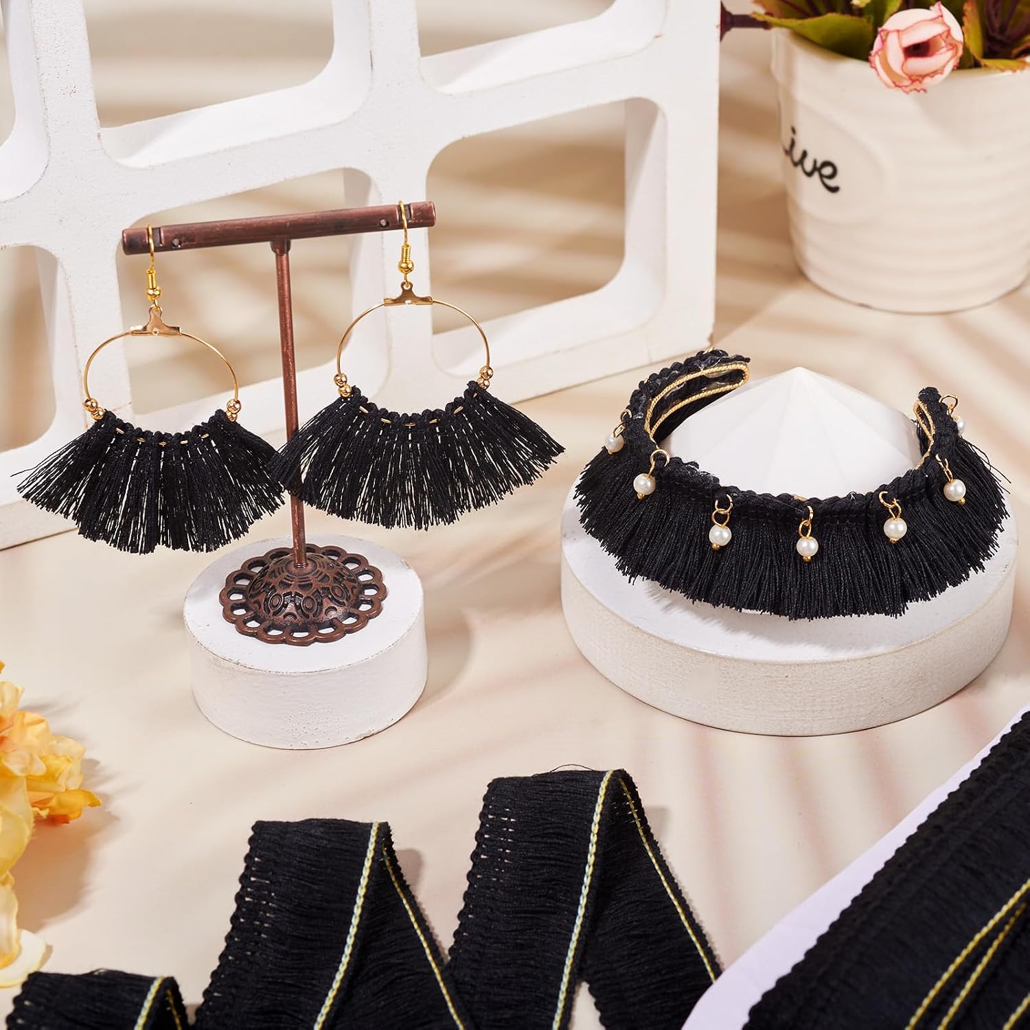 Craftdady 27 Yards 25mm Polyester Fringe Trim 1 Inch Fabric Lace Trim Tassel Black for Sewing Craft Dress Clothing Decoration