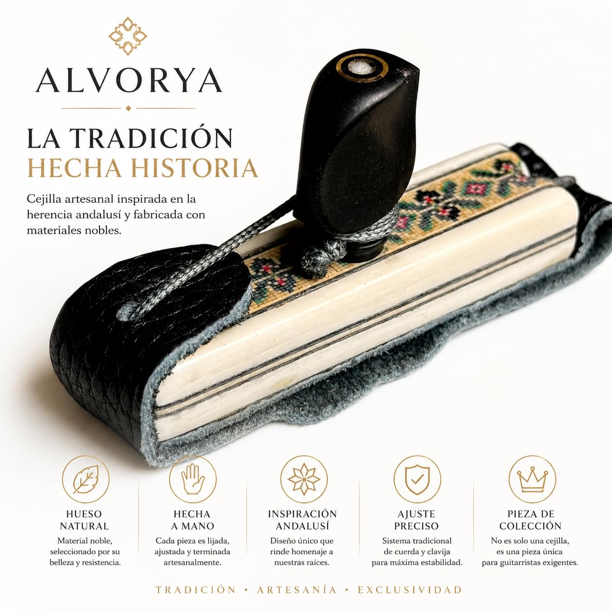 Cejilla Artesanal de Hueso Natural y Ébano para Guitarra Flamenca y Clásica | Modelo ALVORYA | Hecha a Mano en España | Diseño Exclusivo Inspirado en Al-Yazira