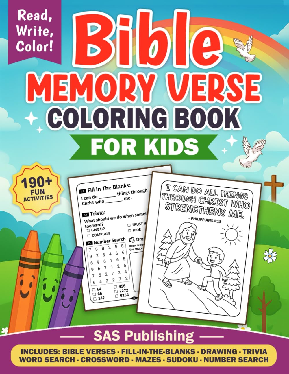 Bible Memory Verse Coloring Book For Kids: 60+Coloring pages with 190+ Fun Bible Activities