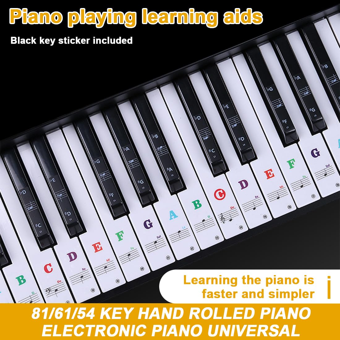 Stickers de Clavier de Piano Détachables, pour 37/49/54/61/88 Touches, Notation Musicale Facile, Convient Aux Adultes, Enfants et Débutants(Noir）