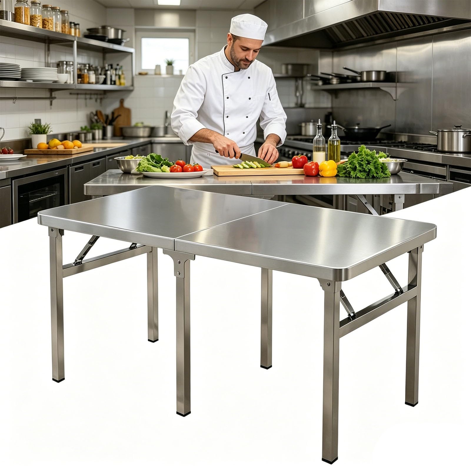 Tavolo da lavoro pieghevole in acciaio inox, resistente, portatile, per cucina, garage, officina e attività all'aperto, postazione di lavoro salvaspazio