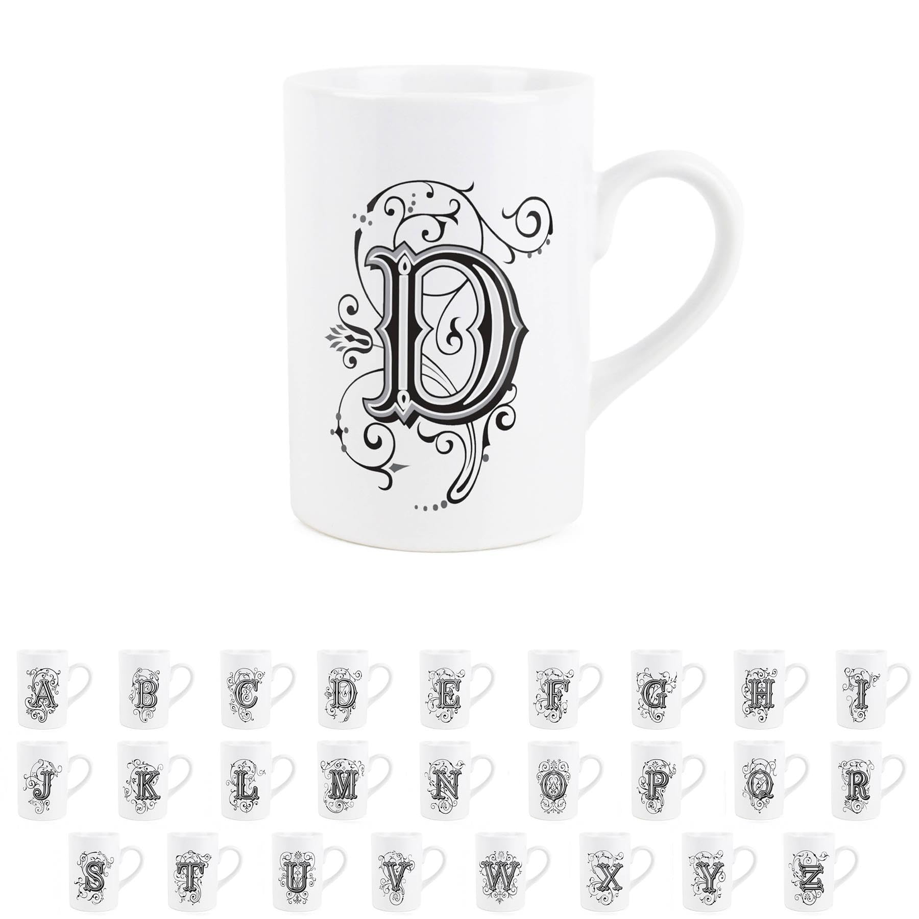 Gothic Letter D Mug - Black & White Swirly Personalised Initial/Alphabet Gift - Tea Coffee Hot Drinks Ceramic Mug Present