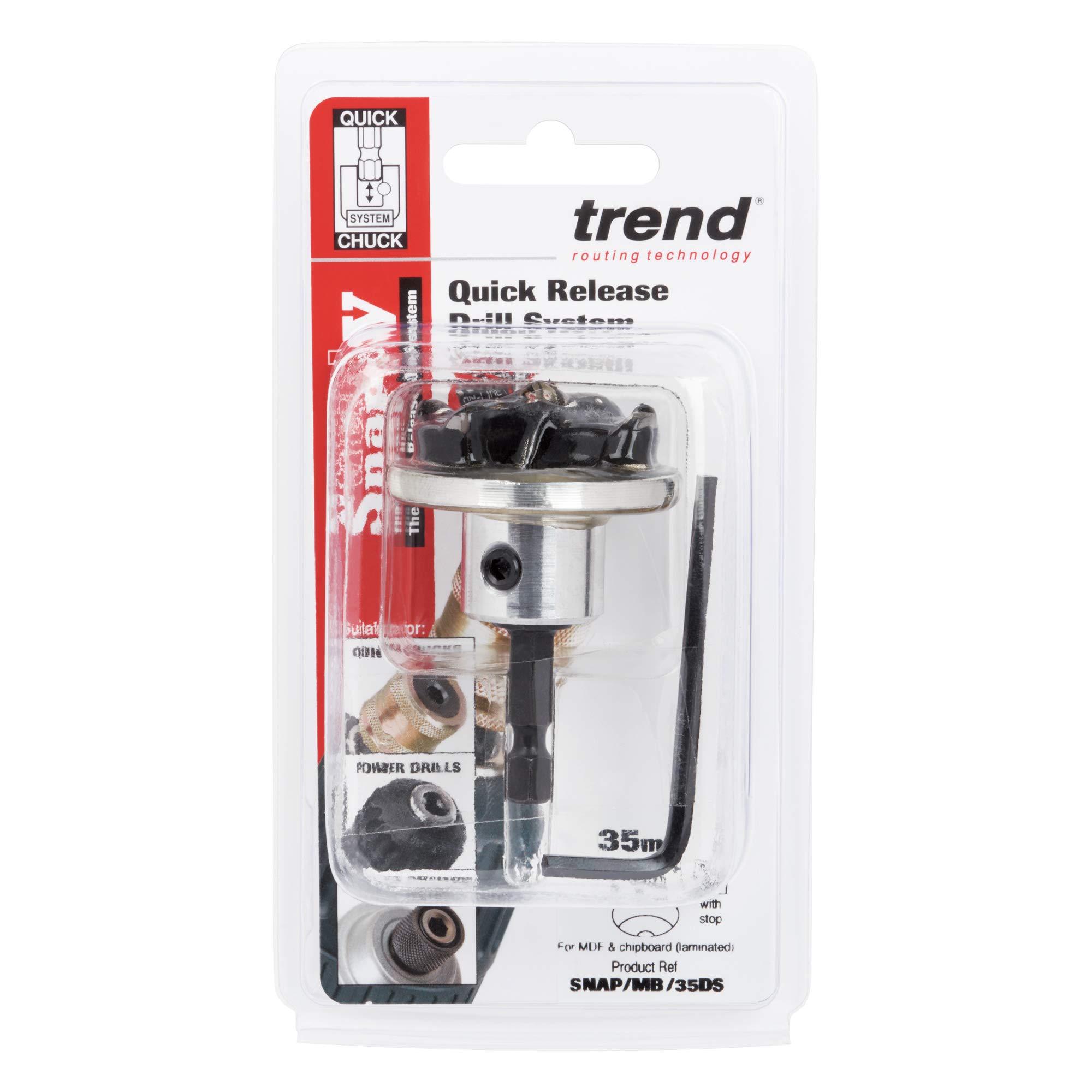 Trend Snappy 35 mm Maschinenbohrer mit Tiefenanschlag, zum Bohren von gleichmäßigen Löchern mit 35 mm Durchmesser für kreisförmige Scharniere in Küchen- und Schranktüren, SNAP/MB/35DS