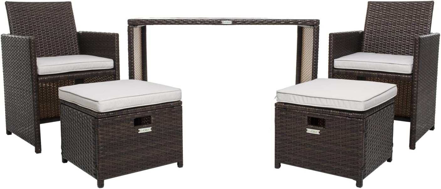 CHICREAT Wicker Patio Furniture Set, 5 PC Set with Table Chairs and Ottomans, Brown Rattan with Olifen Cushioned Seats