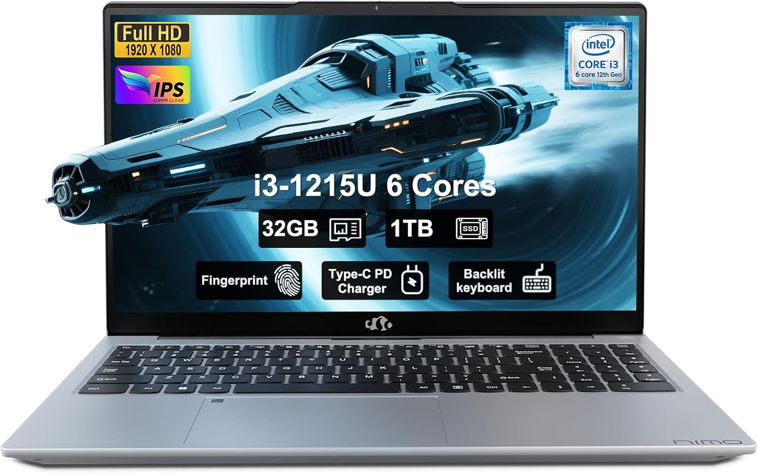 NIMO 15.6" Laptop, Intel 6 Cores I3-1215U 32GB RAM 1TB SSD (Up to 4.4GHz, Beat R5 7520U), 65W Fast PD 180° Viewing Wi-Fi 6 Backlit Keyboard Computer for Business Work Creator Student Study and Home