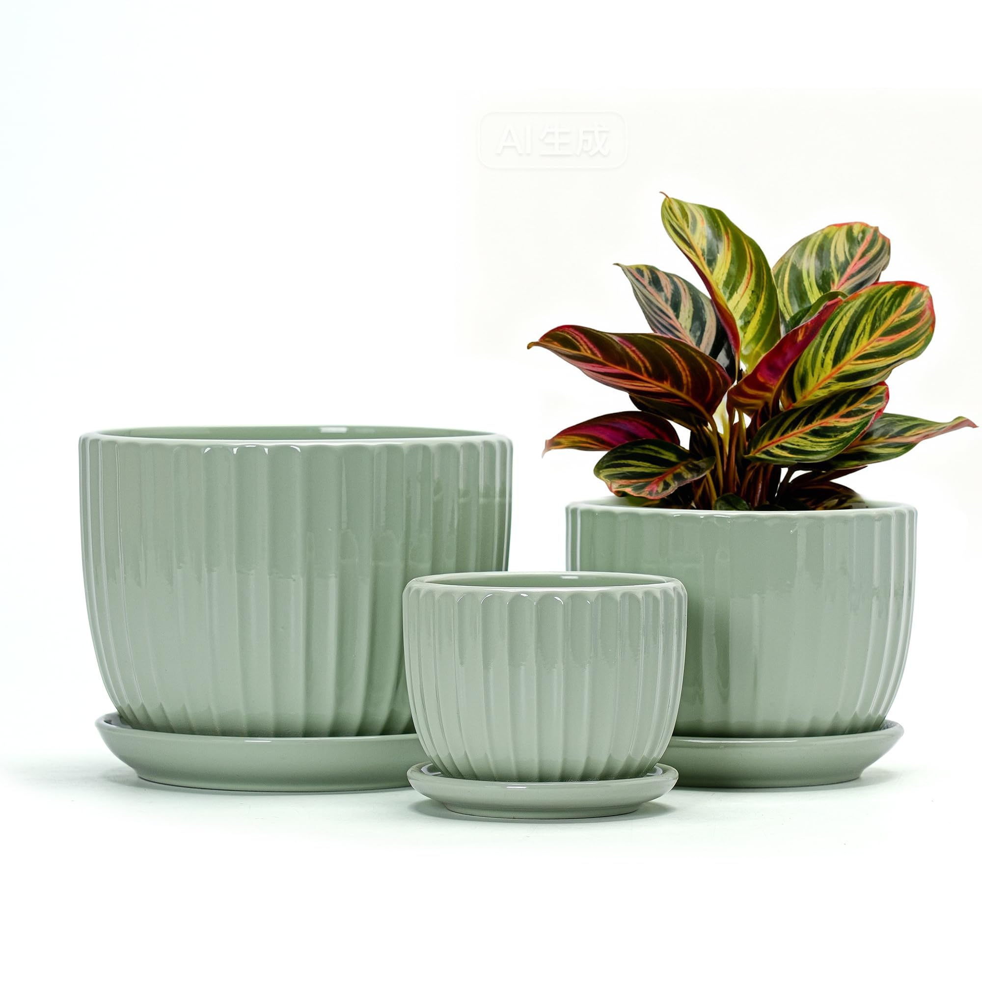 Ton Sin Flower Pots, Light Green Ceramic Plant Pots Set of 3,Small Glazed Succulent Pots with Drainage Hole,Cactus Planter with Saucer,Outdoor Garden Pots (Green)