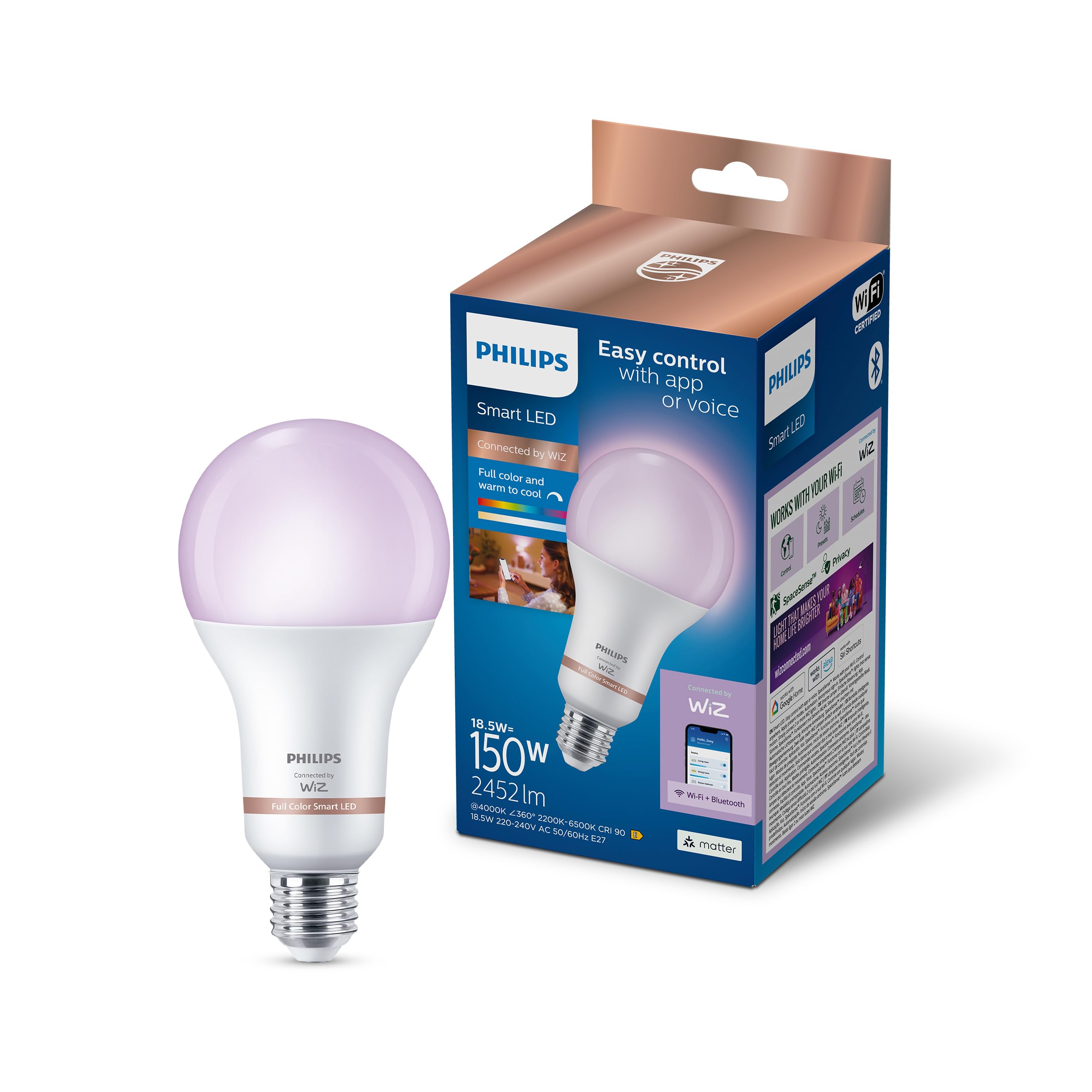 Philips Smart Lighting, Smart LED RGB A80 Bulb, E27 Base, 2452 lm, Color and Tunable White Light 2200-6500 K, Low Dimming, Connected by WiZ, Alexa, Google Home, Apple Home