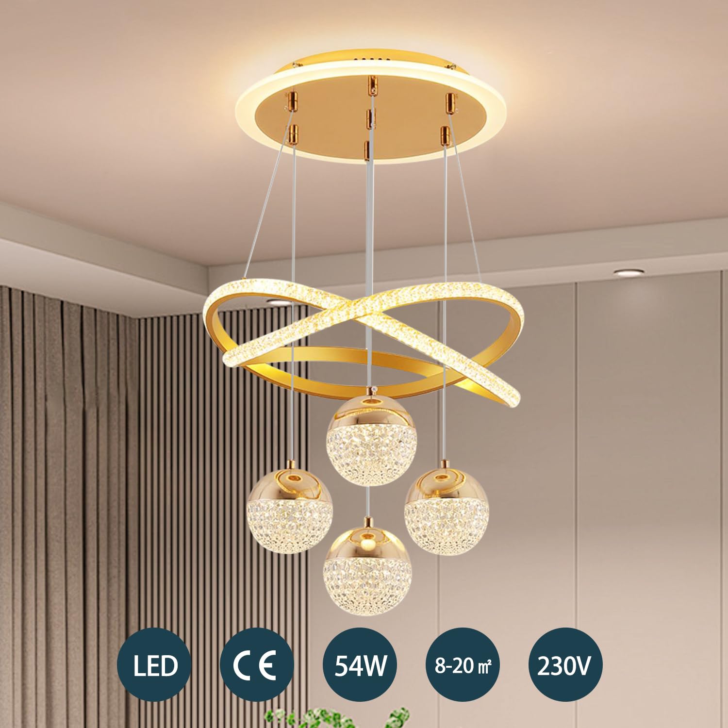 JDONG LED Pendelleuchte Kristall Hängelampe Esstisch 54W LED Hängeleuchte Gold Höhenverstellbar für Esszimmer Wohnzimmer,Dimmbar Hängeleuchte Aluminium mit Fernbedienung
