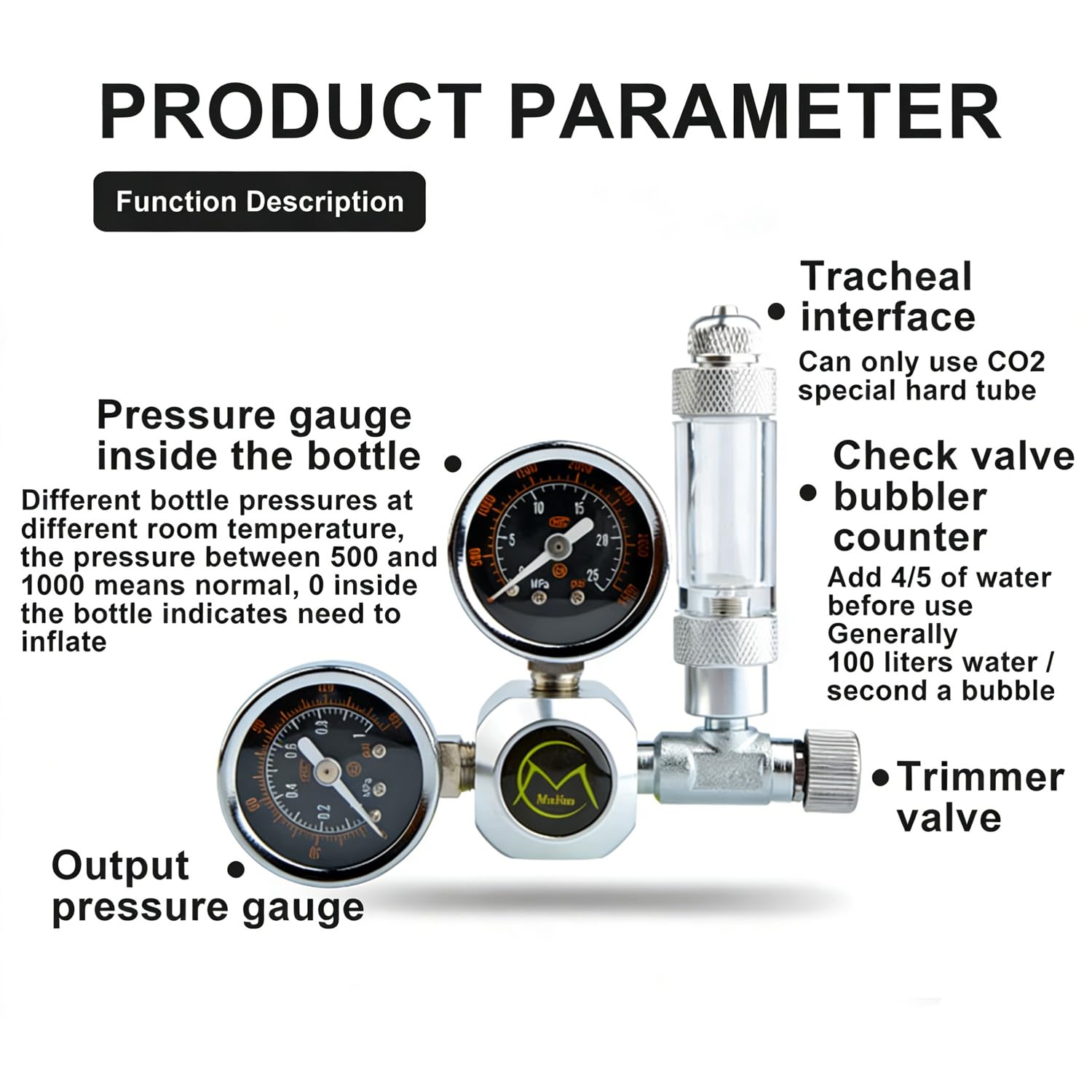 Co2 Aquarium,Régulateur Co2 pour Aquarium, Double Manomètre avec Électrovanne, avec Compte-Bulles, Interface w21.8