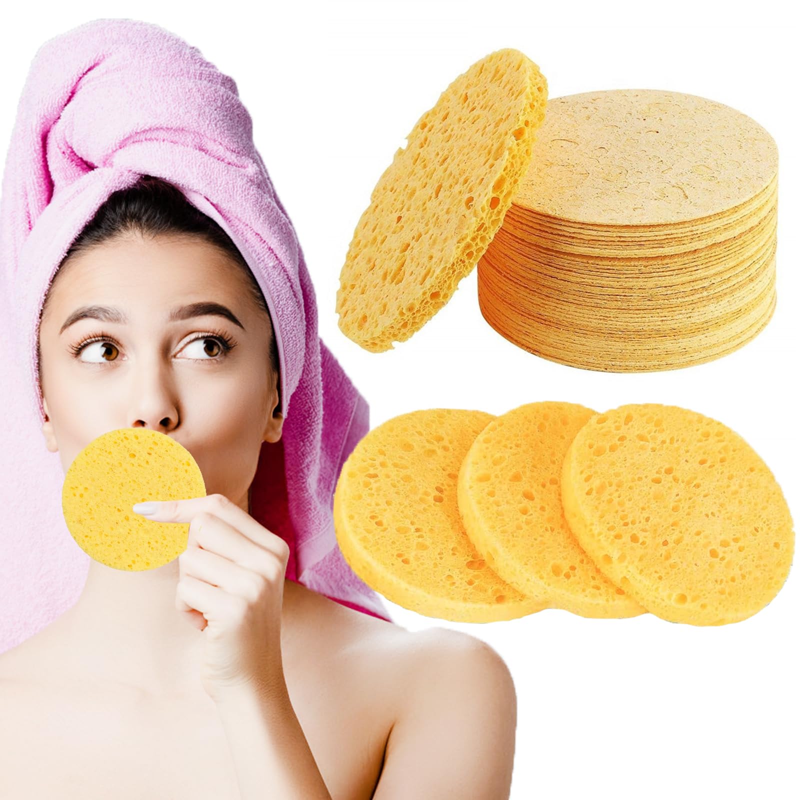 Grande Spugnette Viso Pulizia, 30 Pz Riutilizzabili 100% Naturale Viso Compressa Spugna 80mm Spugnette Viso Compressa Tondo Detergente spugna viso pulizia per Pulizia Viso SPA (Giallo)