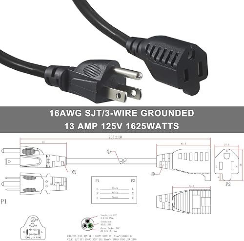 Miniatura 10 de KUNCAN Cable de extensión de alimentación corta  8 pulgadas, 3 clavijas, ahorro de salida a tierra, 16AWG13A, cable de alimentación resistente (NEMA