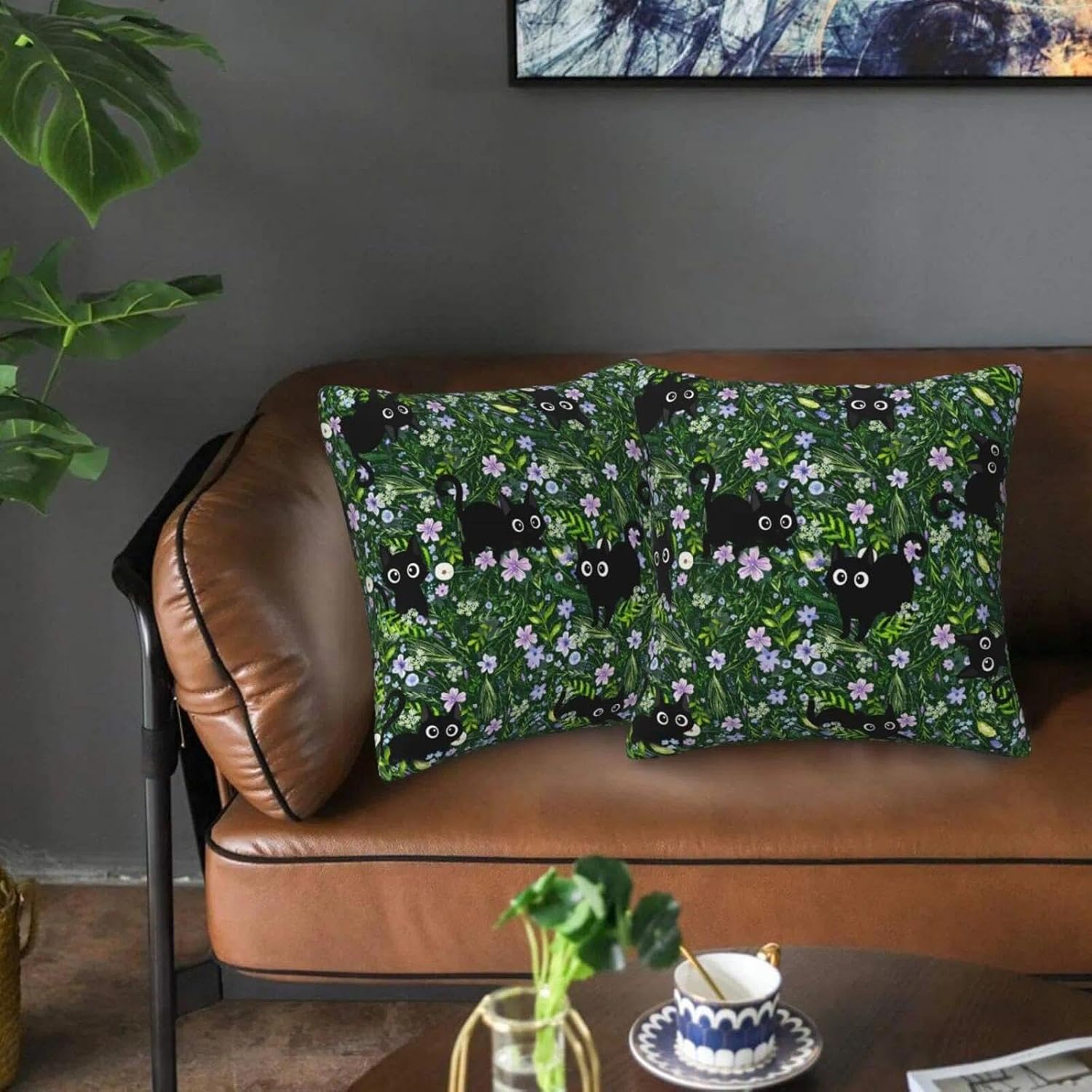 Funny Black Cat Spring Pillow Covers 18x18 Inch, Cute Cat Floral Home Decorations Throw Pillows Covers for Cats Lovers Women, Decor Green Pillow Protectors Living Room Bedroom Home for Cushion Car Bed image 3