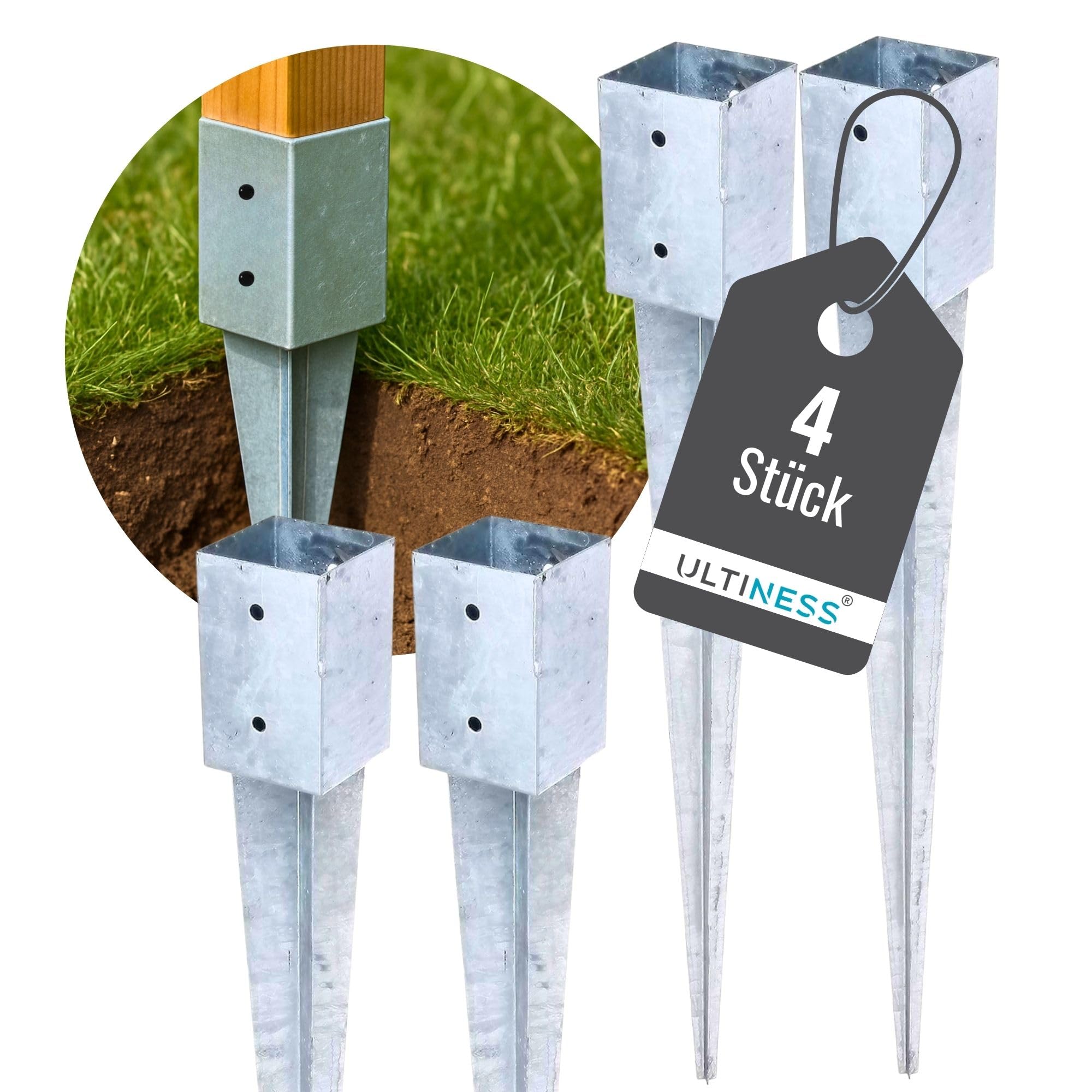 Ultiness® Pfostenträger für Holzpfosten Einschlaghülse 70x70/90x90 wetterfeste Bodenhülse aus Stahl Feuerverzinkt - Stabile Pfostenanker im Außenbereich - Einschlagbodenhülse (4 St., 91 x 91/750 mm)